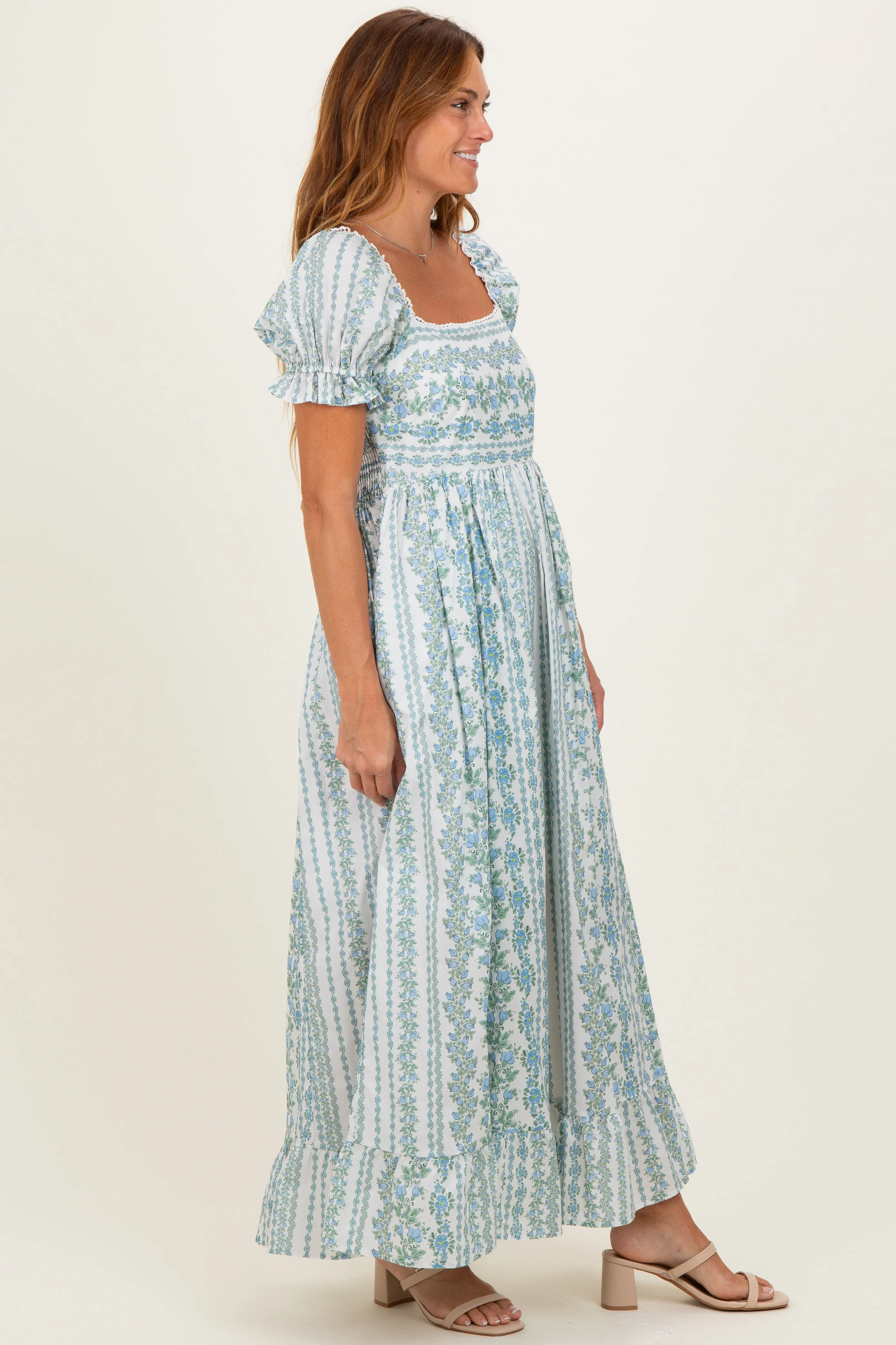 Light Blue Floral Puff Sleeve Lace Trim Maxi Dress sold by Pinkblush product image thumbnail 3