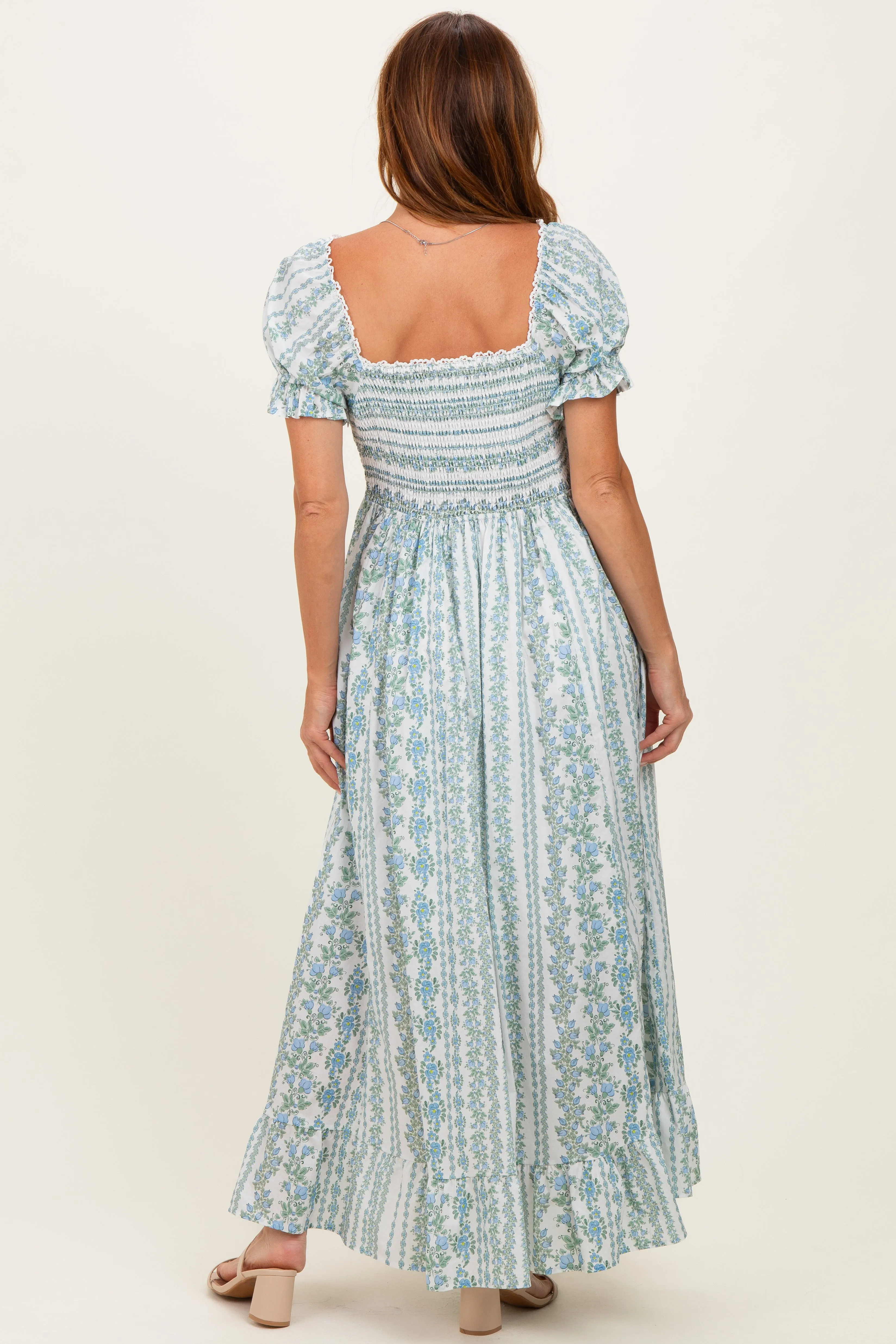 Light Blue Floral Puff Sleeve Lace Trim Maxi Dress sold by Pinkblush product image thumbnail 4
