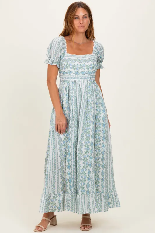 Light Blue Floral Puff Sleeve Lace Trim Maxi Dress made by Inloom