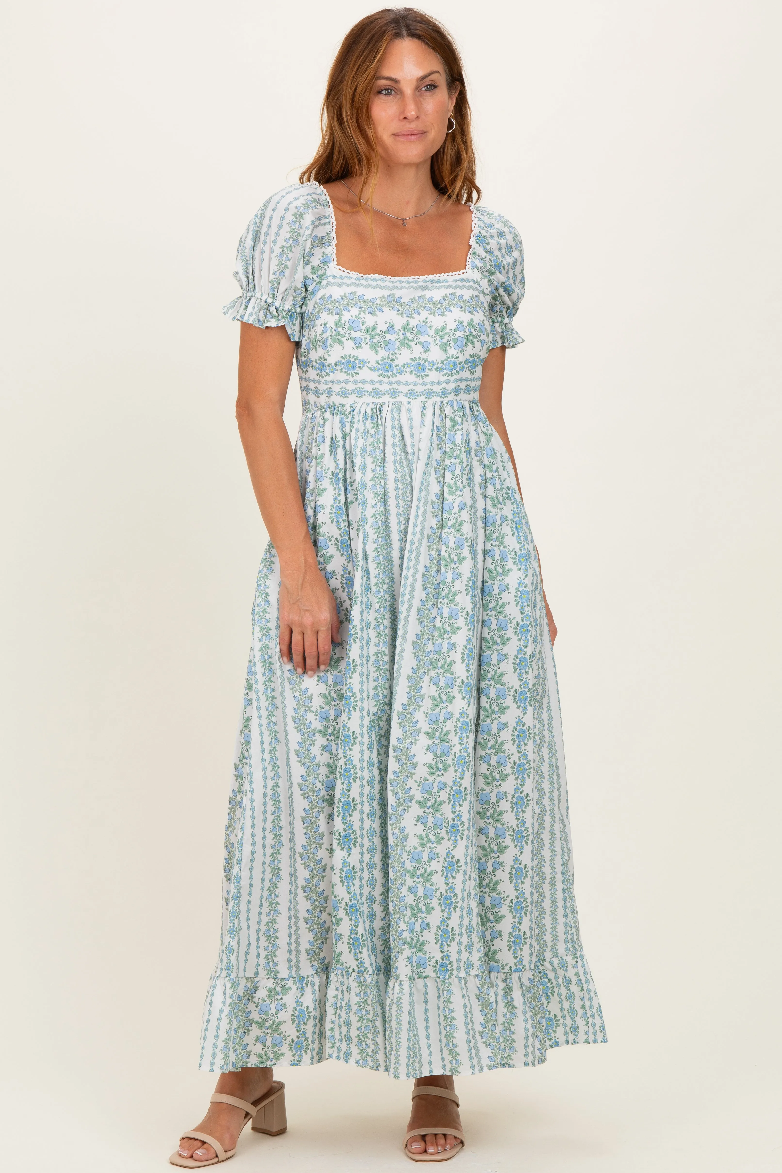 Light Blue Floral Puff Sleeve Lace Trim Maxi Dress sold by Pinkblush