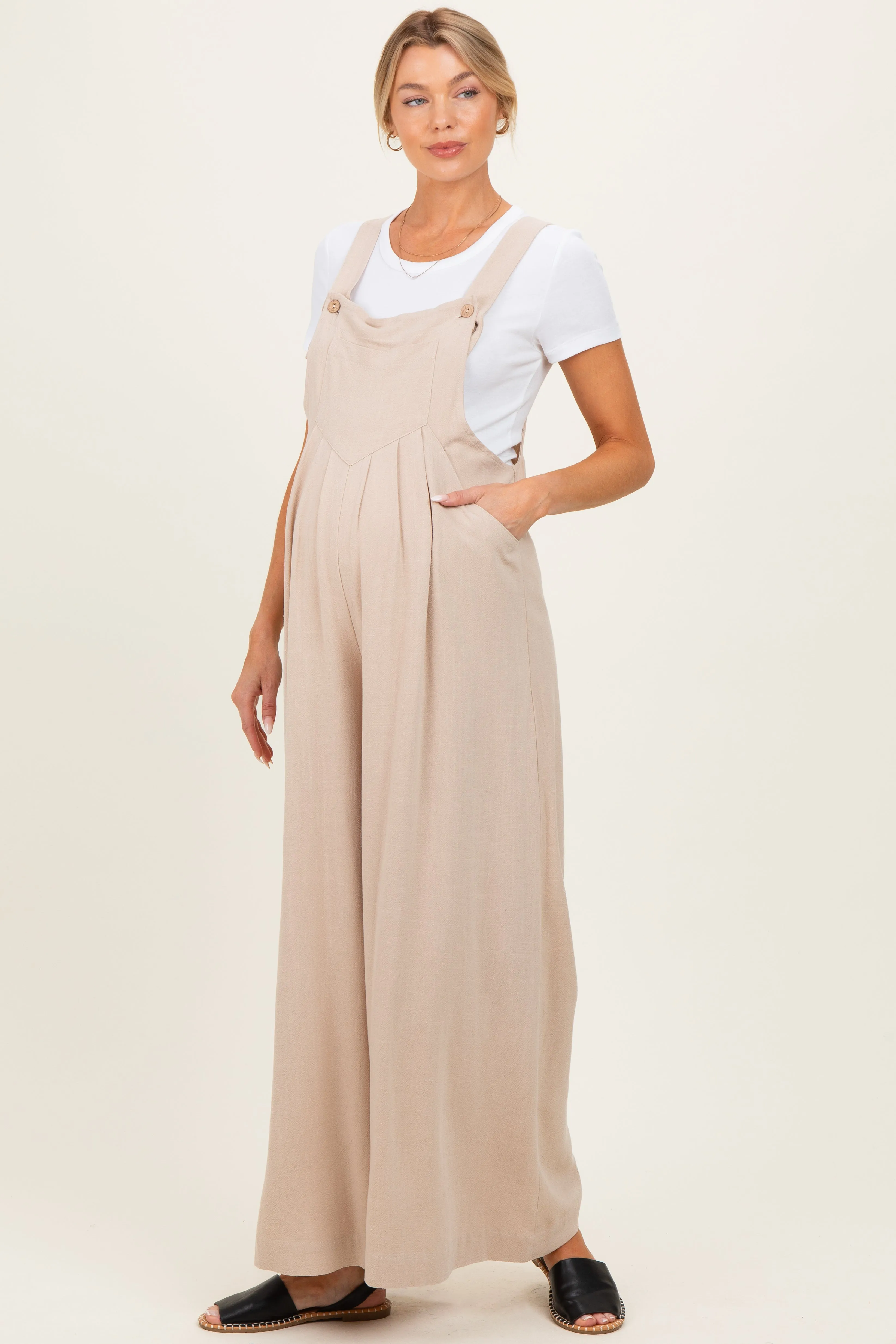 Beige Super Wide Leg Overall Maternity Jumpsuit sold by Pinkblush product image thumbnail 2