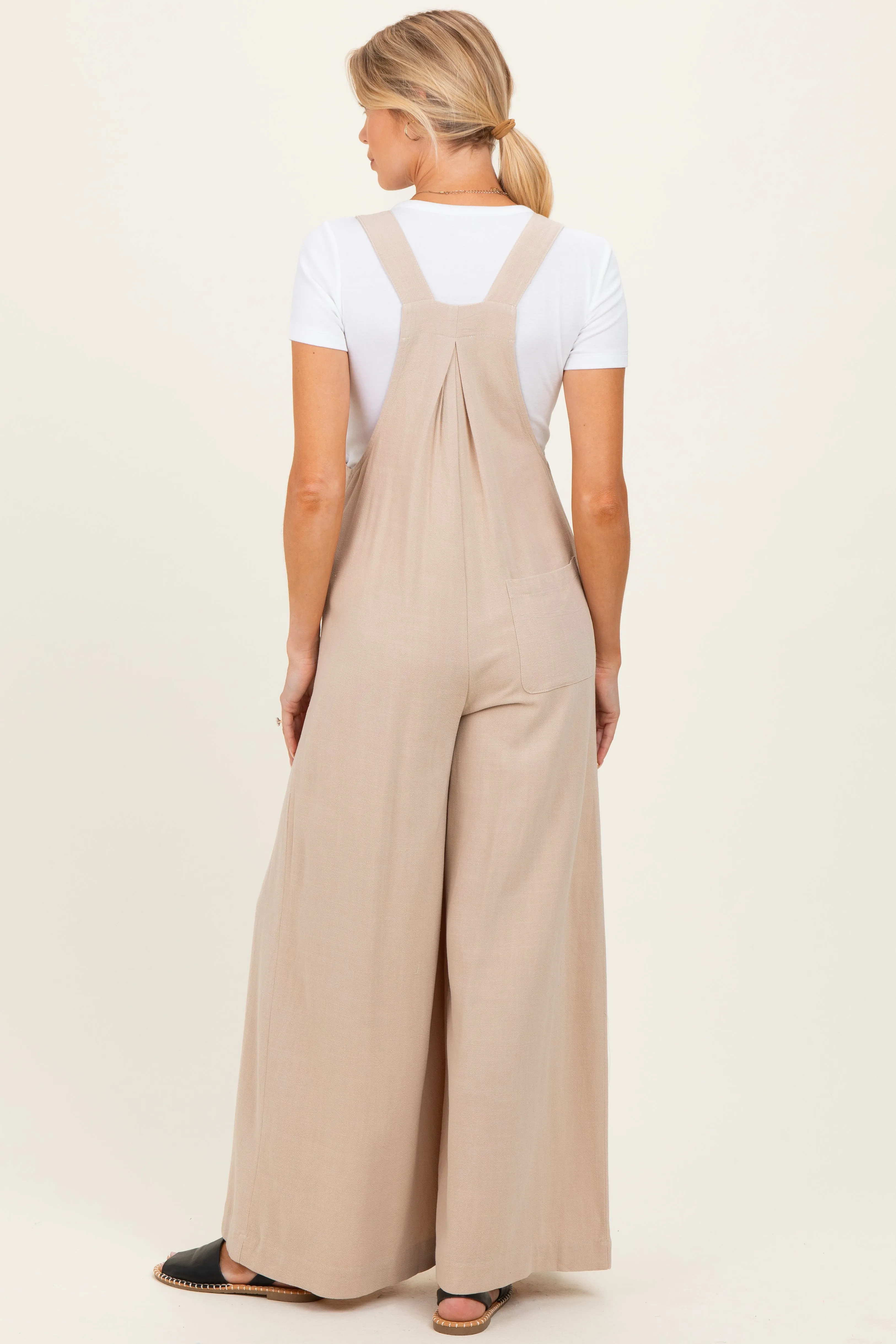 Beige Super Wide Leg Overall Maternity Jumpsuit sold by Pinkblush product image thumbnail 3