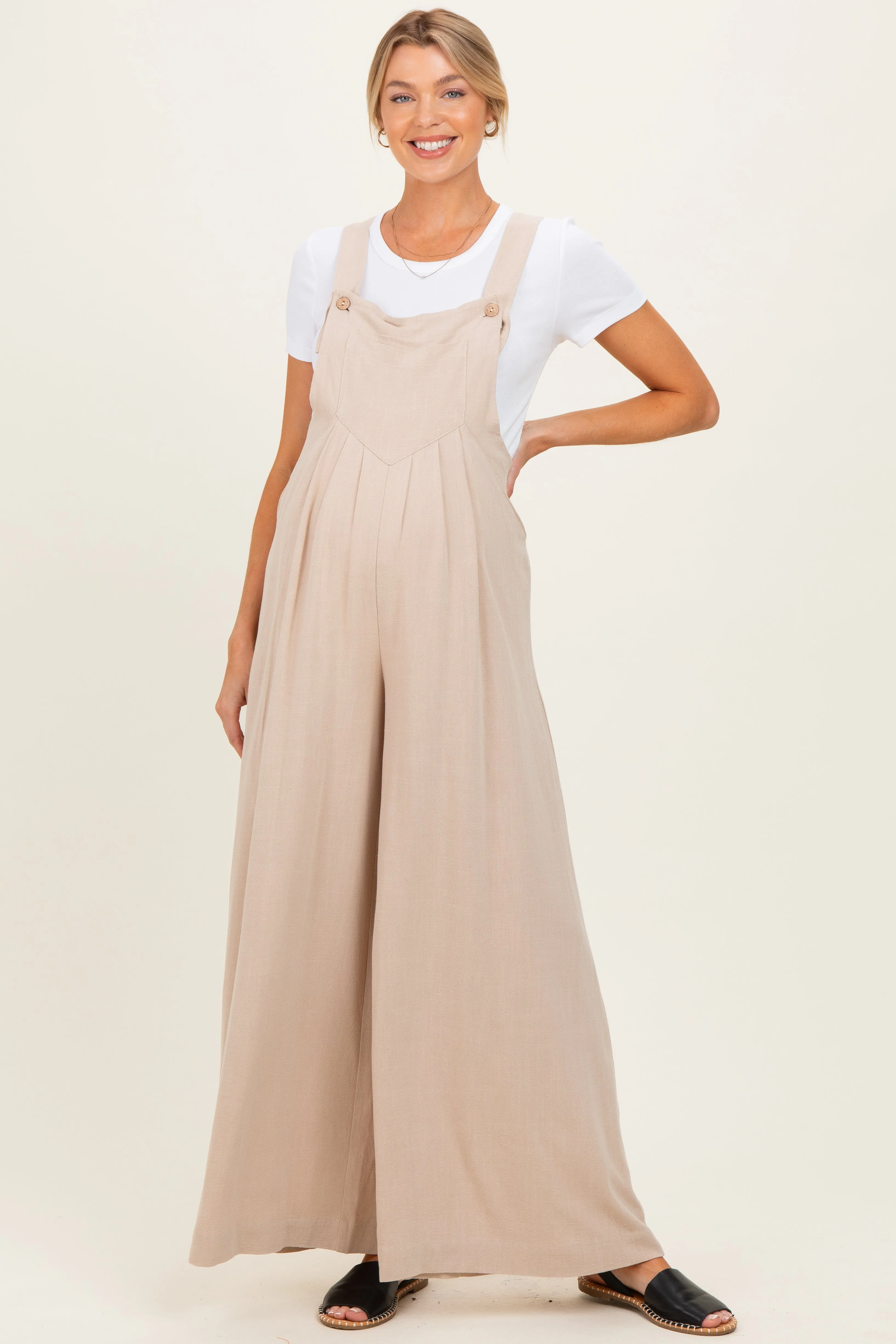 Beige Super Wide Leg Overall Maternity Jumpsuit sold by Pinkblush