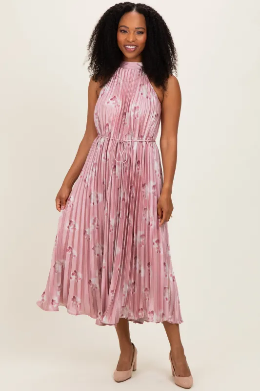 Light Pink  Floral Pleated Halter Midi Dress made by Pinkblush