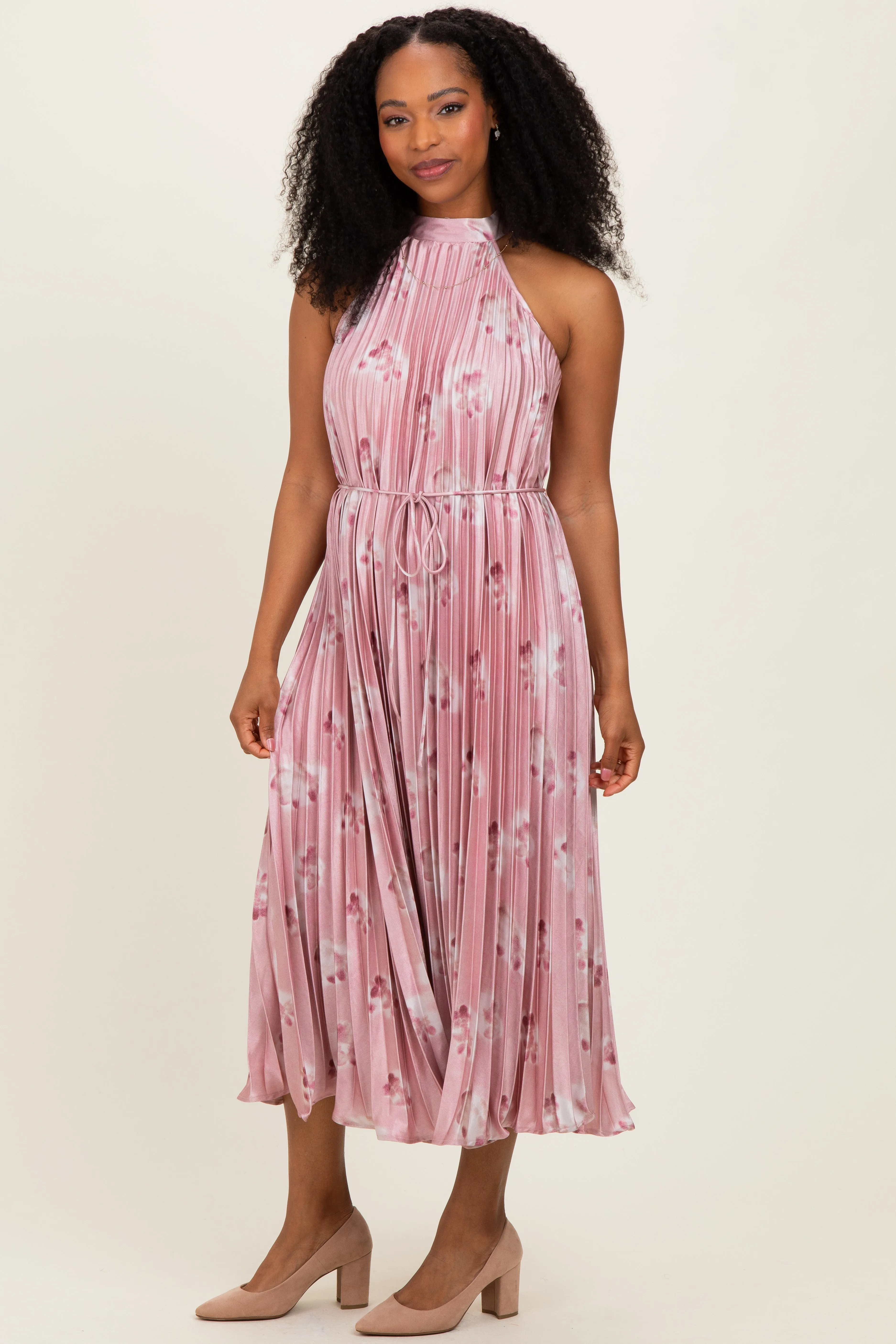Light Pink Floral Pleated Halter Midi Dress sold by Pinkblush product image thumbnail 2