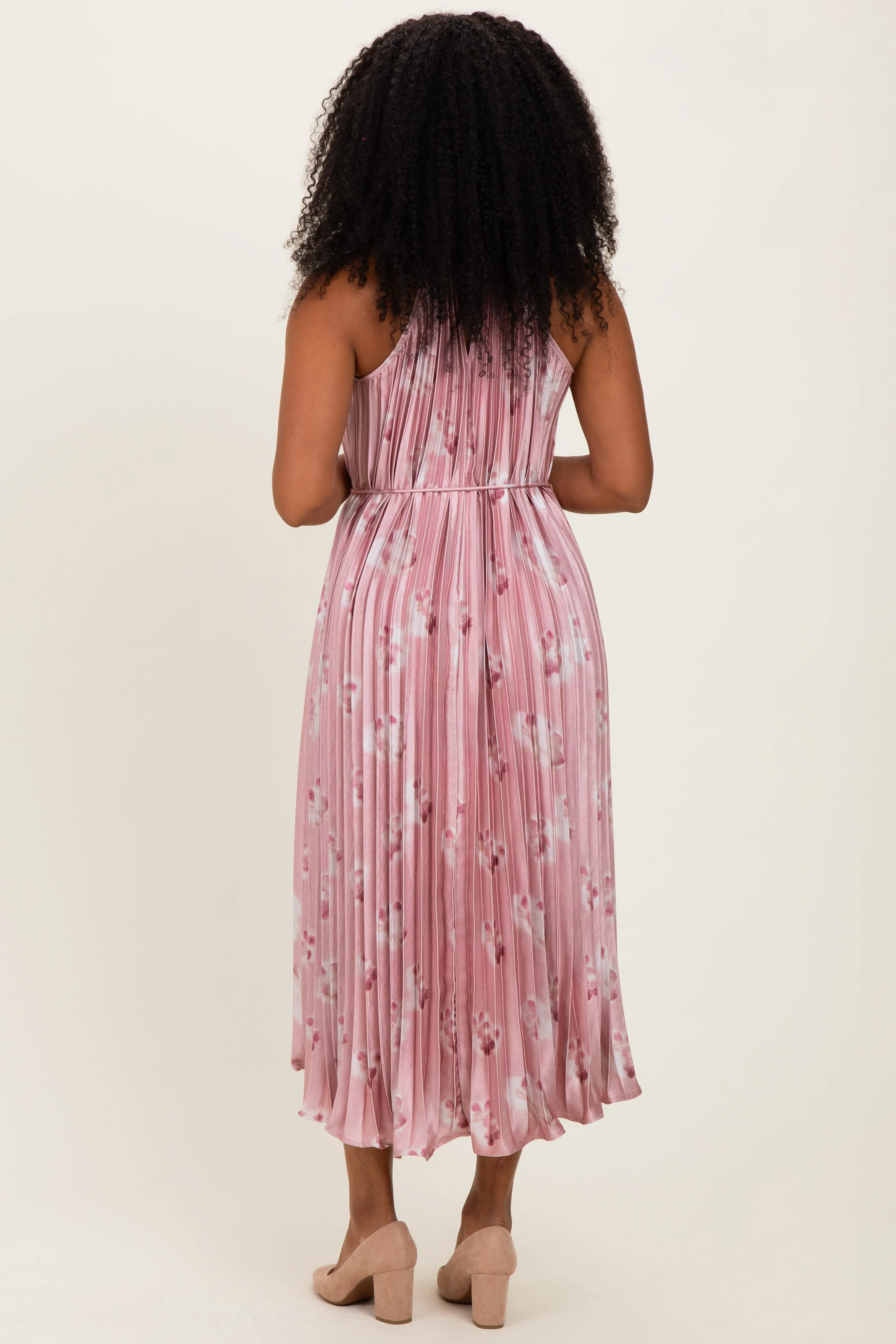 Light Pink Floral Pleated Halter Midi Dress sold by Pinkblush product image thumbnail 3