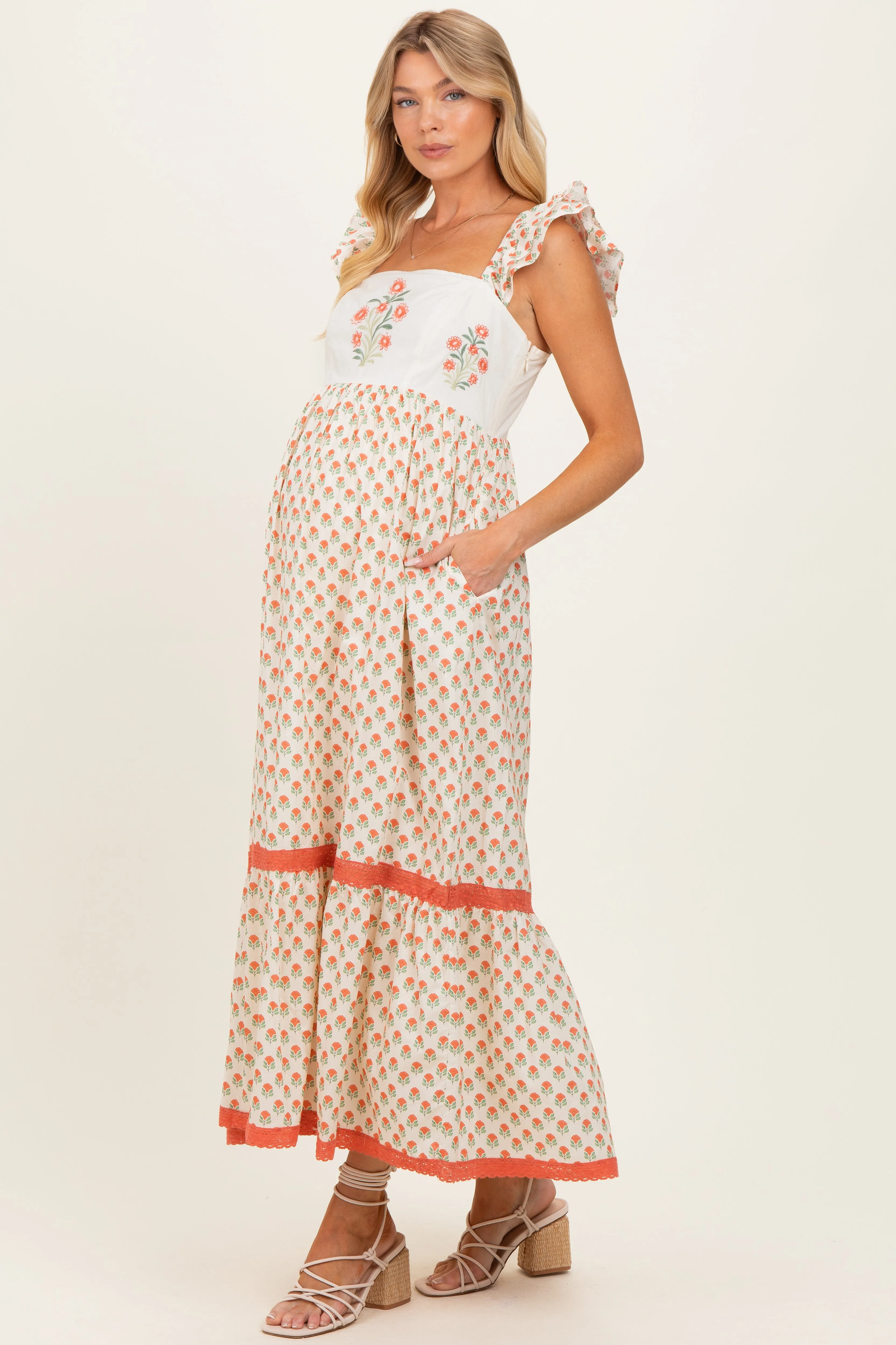 Coral Floral Embroidered Maternity Maxi Dress sold by Pinkblush