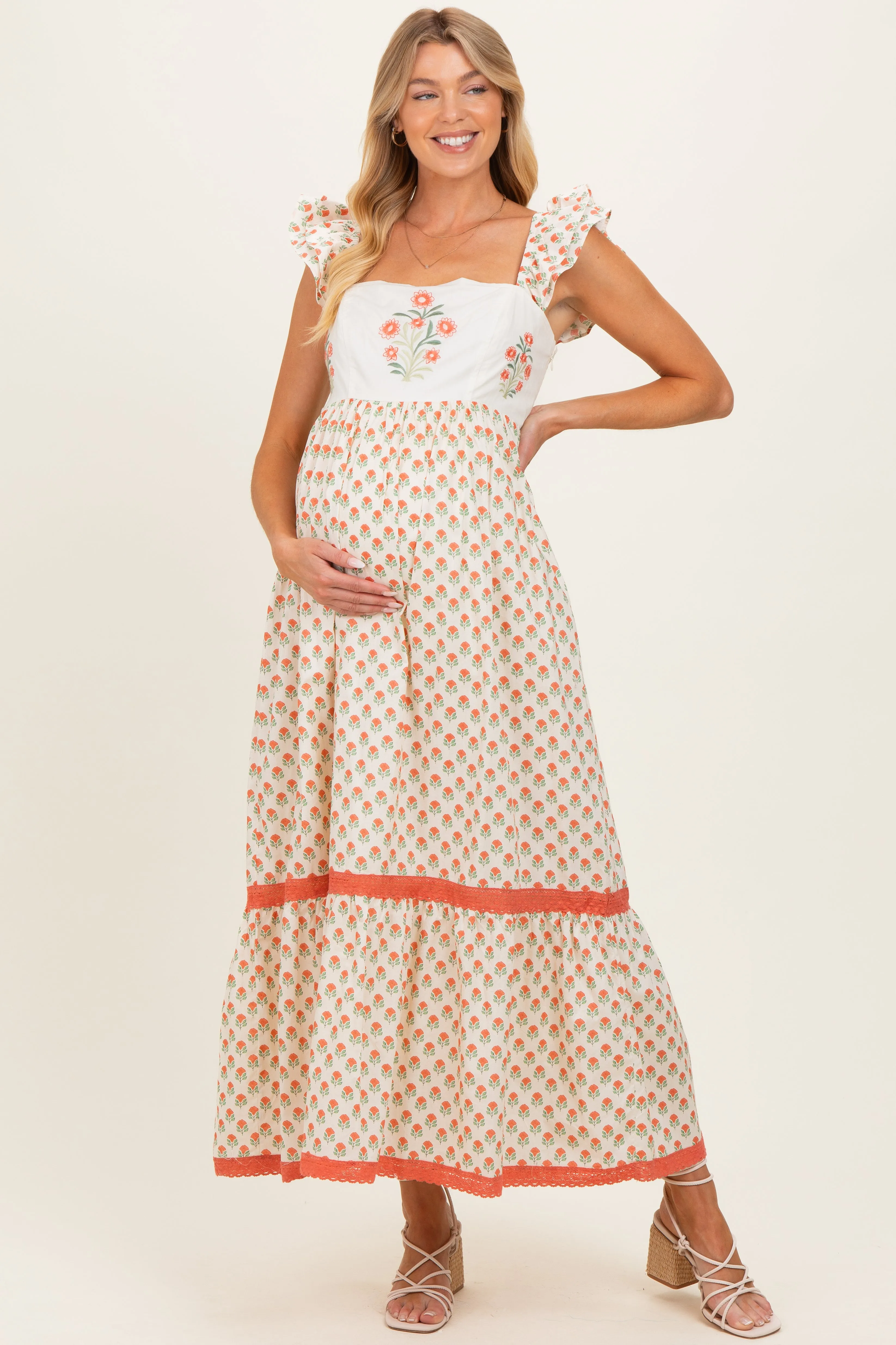 Coral Floral Embroidered Maternity Maxi Dress sold by Pinkblush product image thumbnail 2