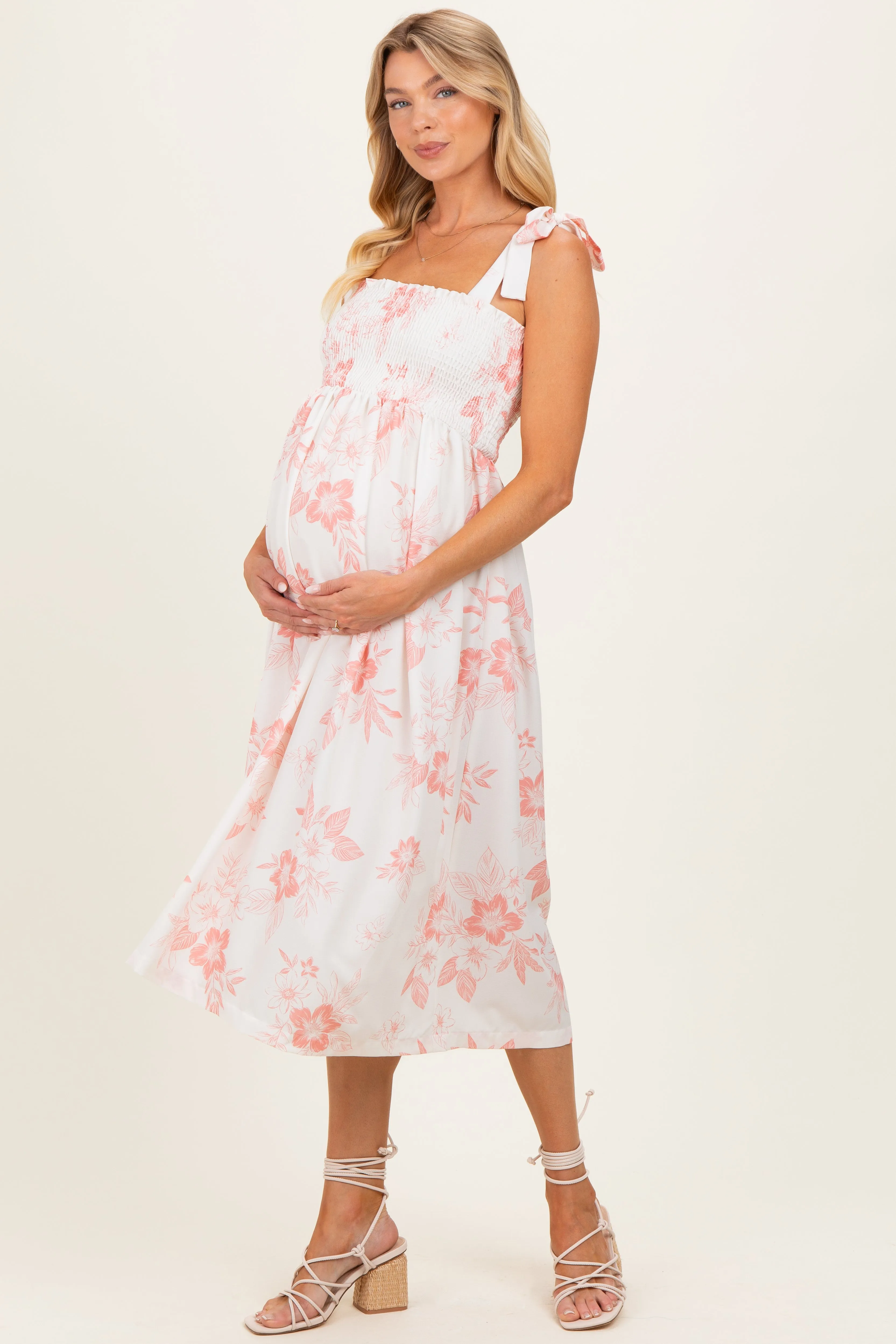 Peach Floral Smocked Maternity Midi Dress sold by Pinkblush