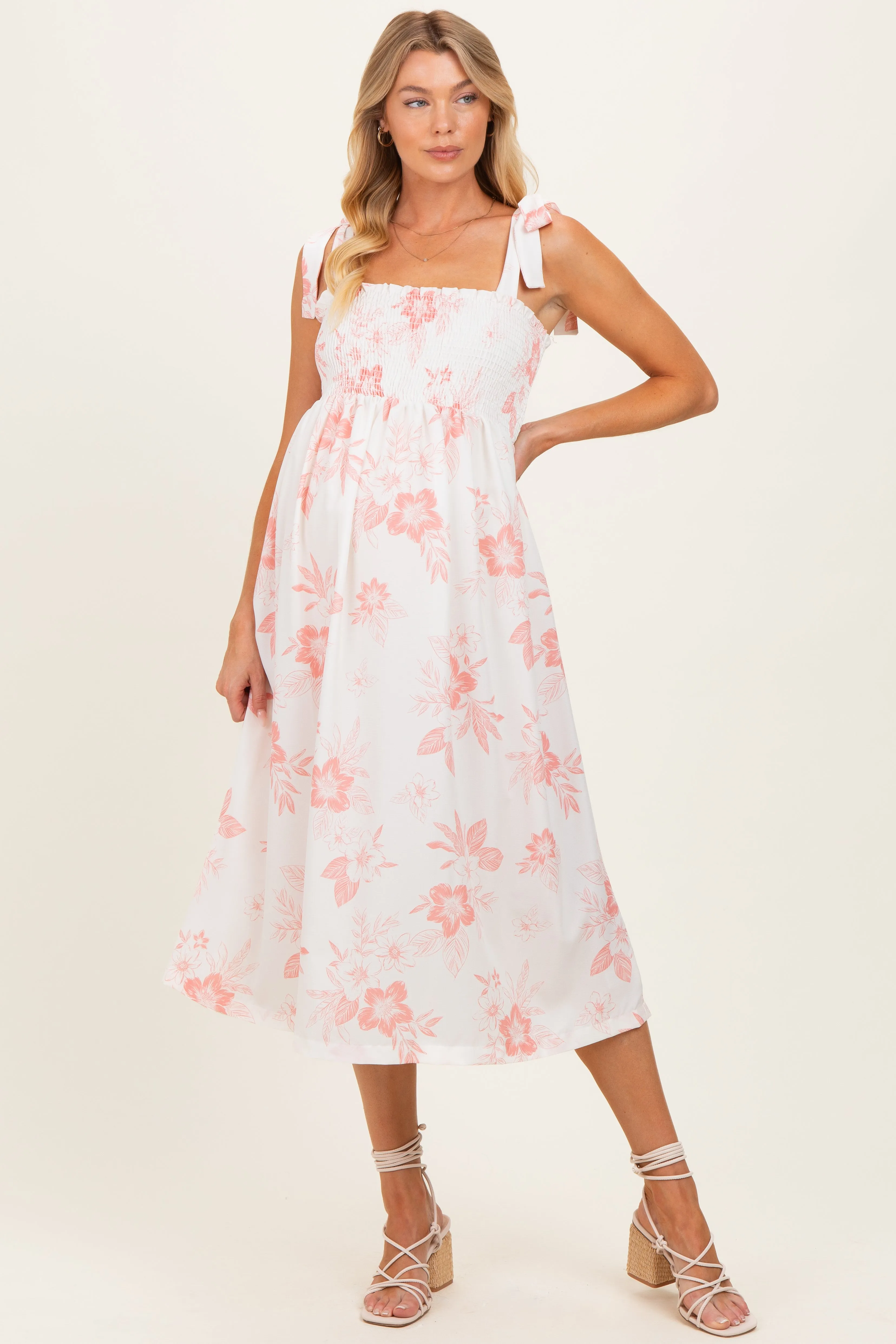 Peach Floral Smocked Maternity Midi Dress sold by Pinkblush product image thumbnail 2