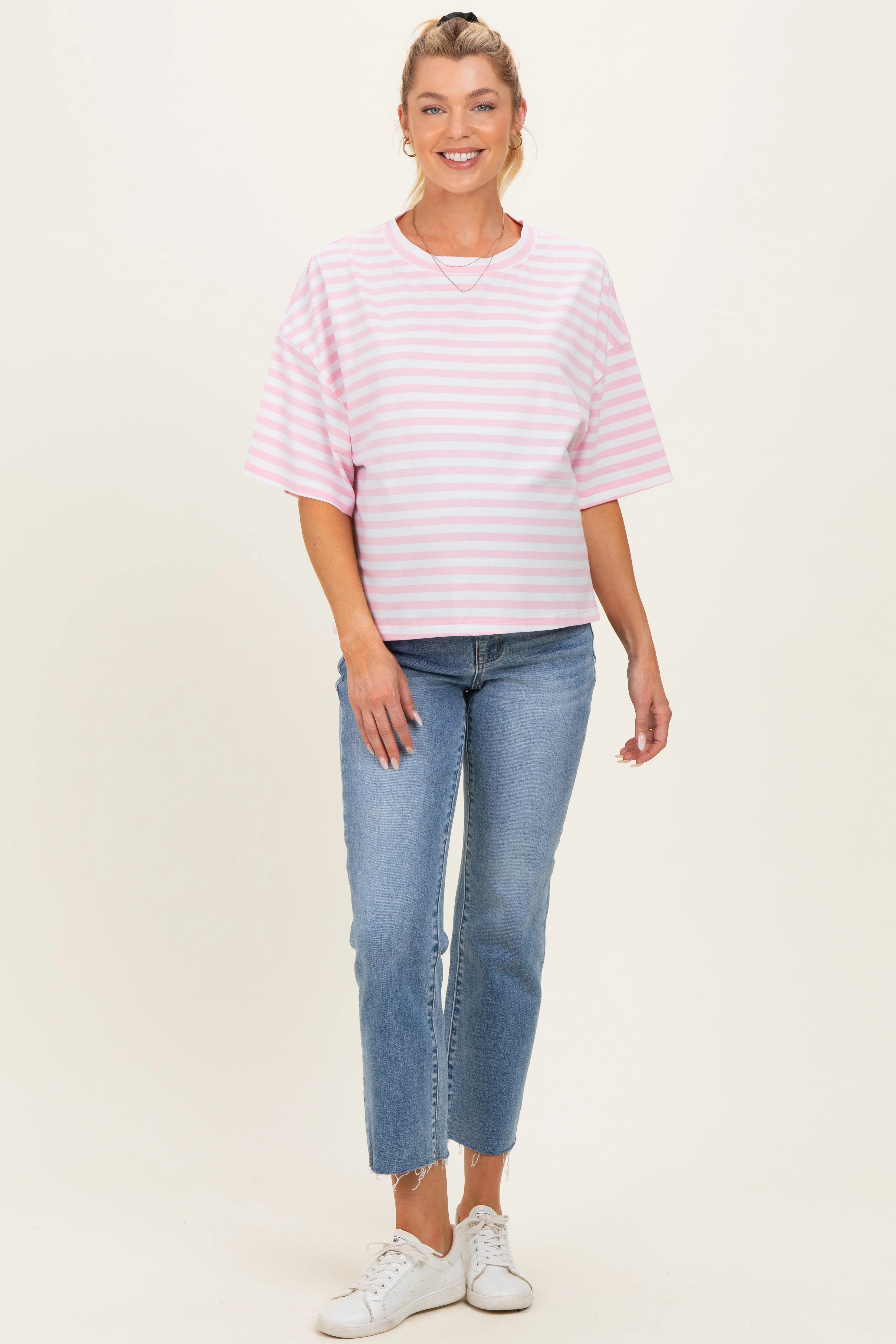 Light Pink Oversized Striped Maternity Boyfriend Tee sold by Pinkblush
