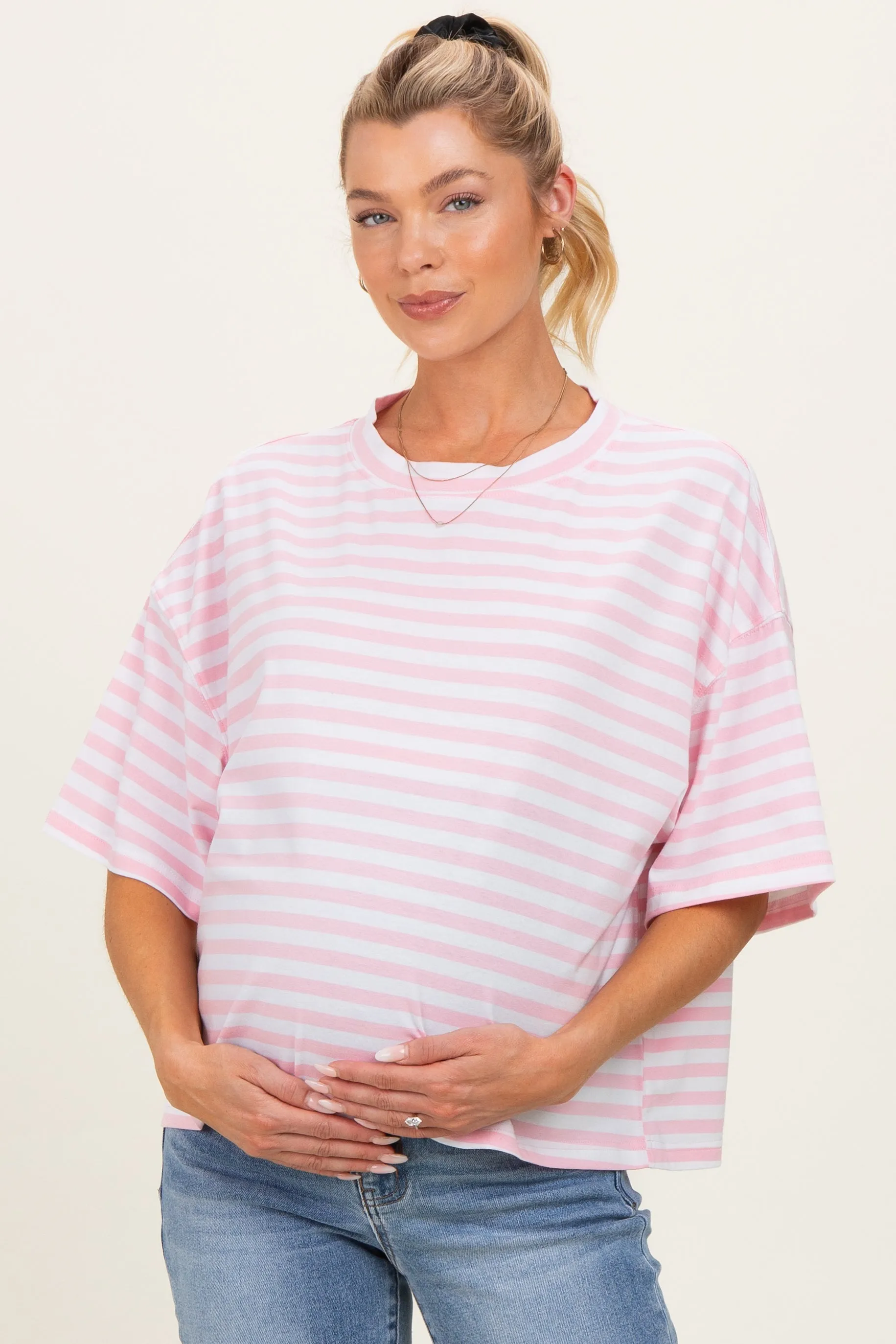 Light Pink Oversized Striped Maternity Boyfriend Tee sold by Pinkblush product image thumbnail 2