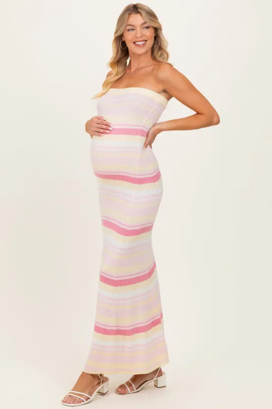 Pink Multi Striped Strapless Flare Maternity Maxi Dress made by Klesis
