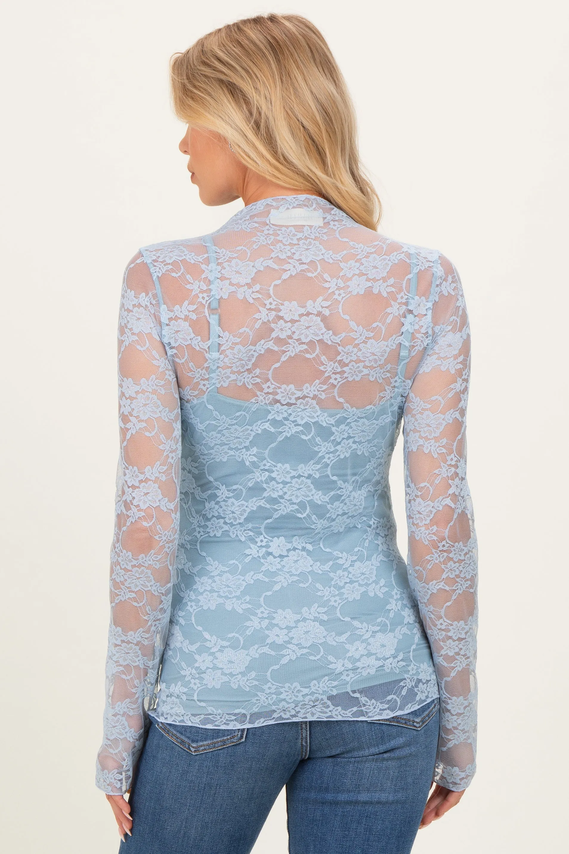 Light Blue Long Sleeve Floral Mesh Lace Semi Sheer Maternity Top sold by Pinkblush product image thumbnail 4