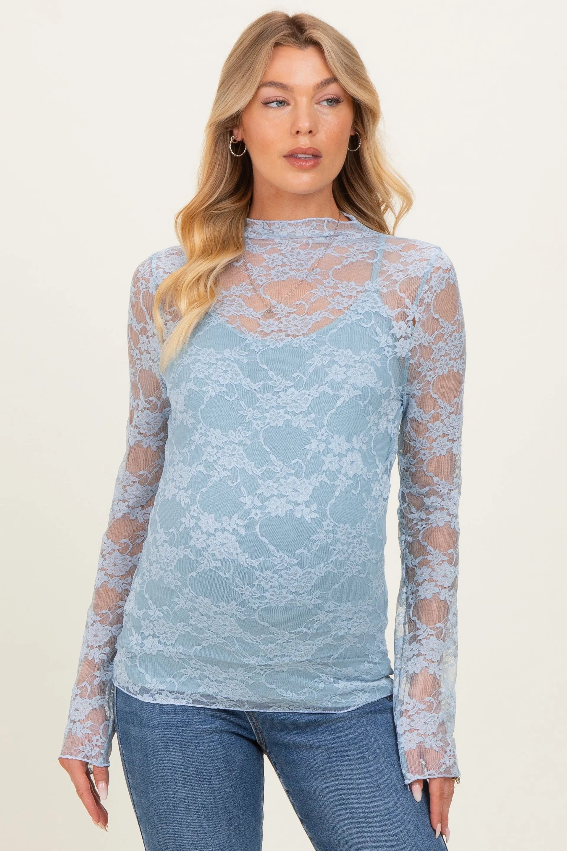 Light Blue Long Sleeve Floral Mesh Lace Semi Sheer Maternity Top sold by Pinkblush product image thumbnail 2