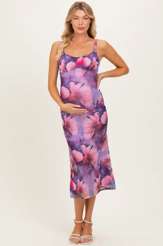 Lavender Mesh Floral Sleeveless Maternity Midi Dress made by privy