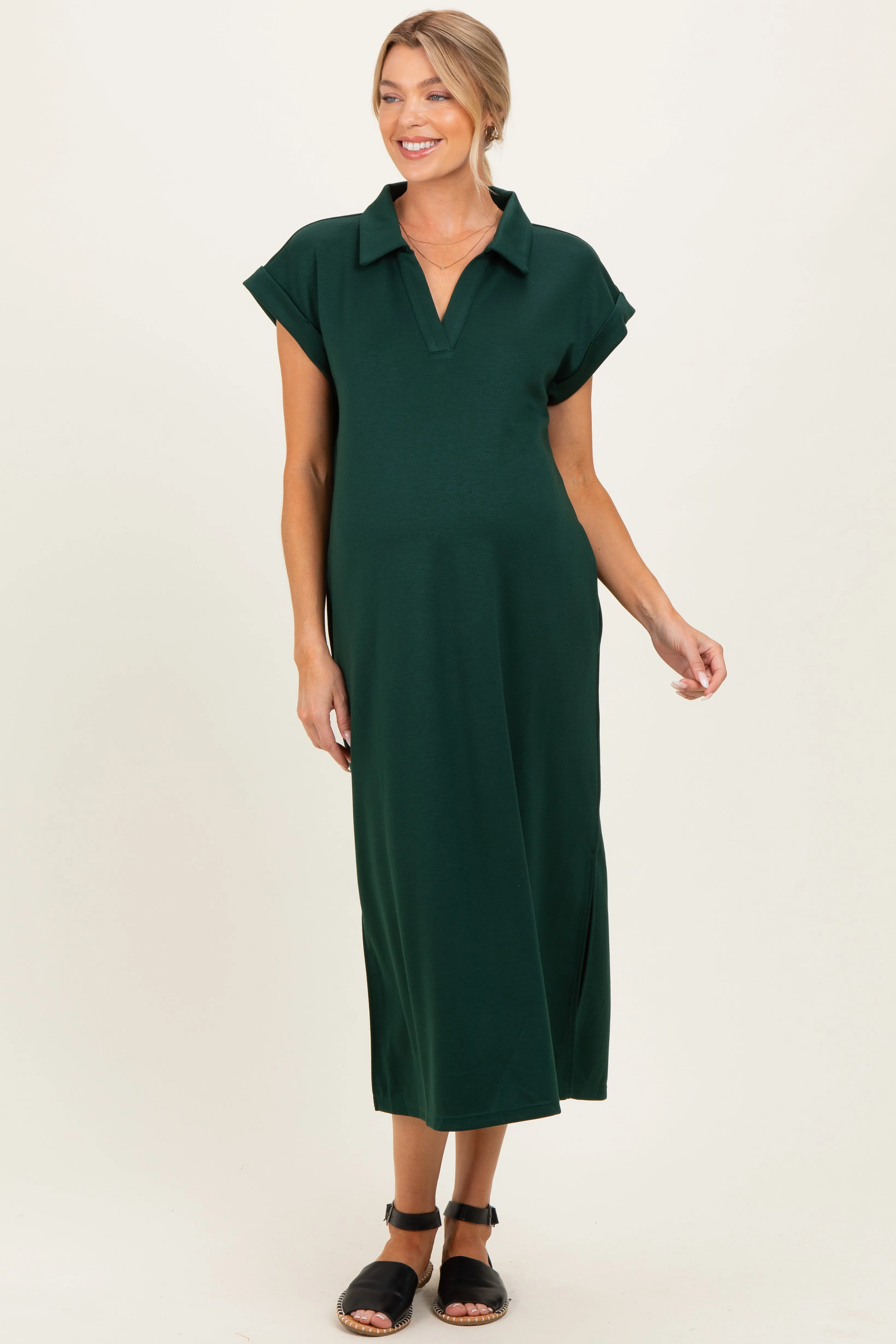 Hunter Green Collared Oversized Maternity Midi Dress sold by Pinkblush product image thumbnail 2