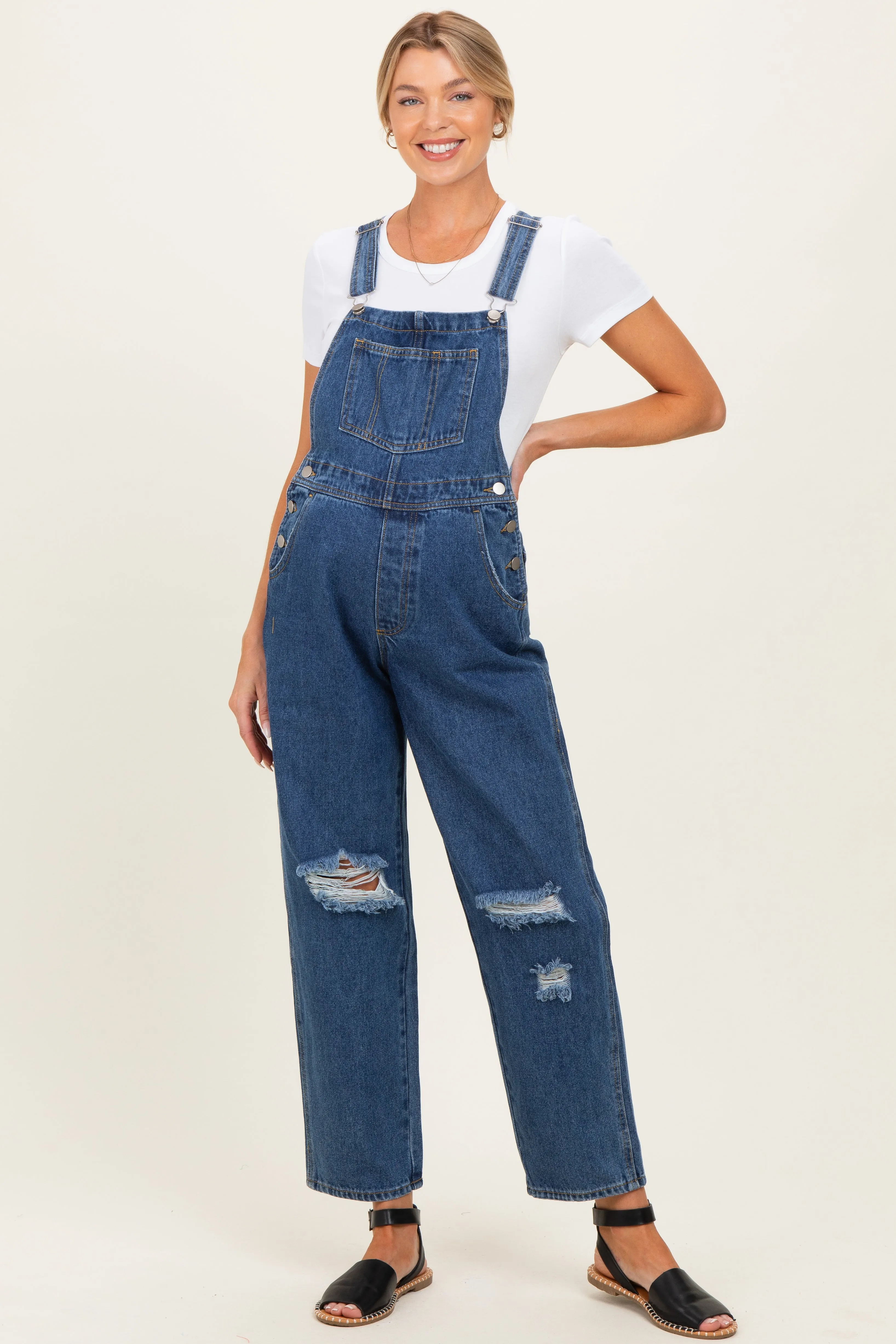 Navy Distressed Denim Maternity Overalls sold by Pinkblush
