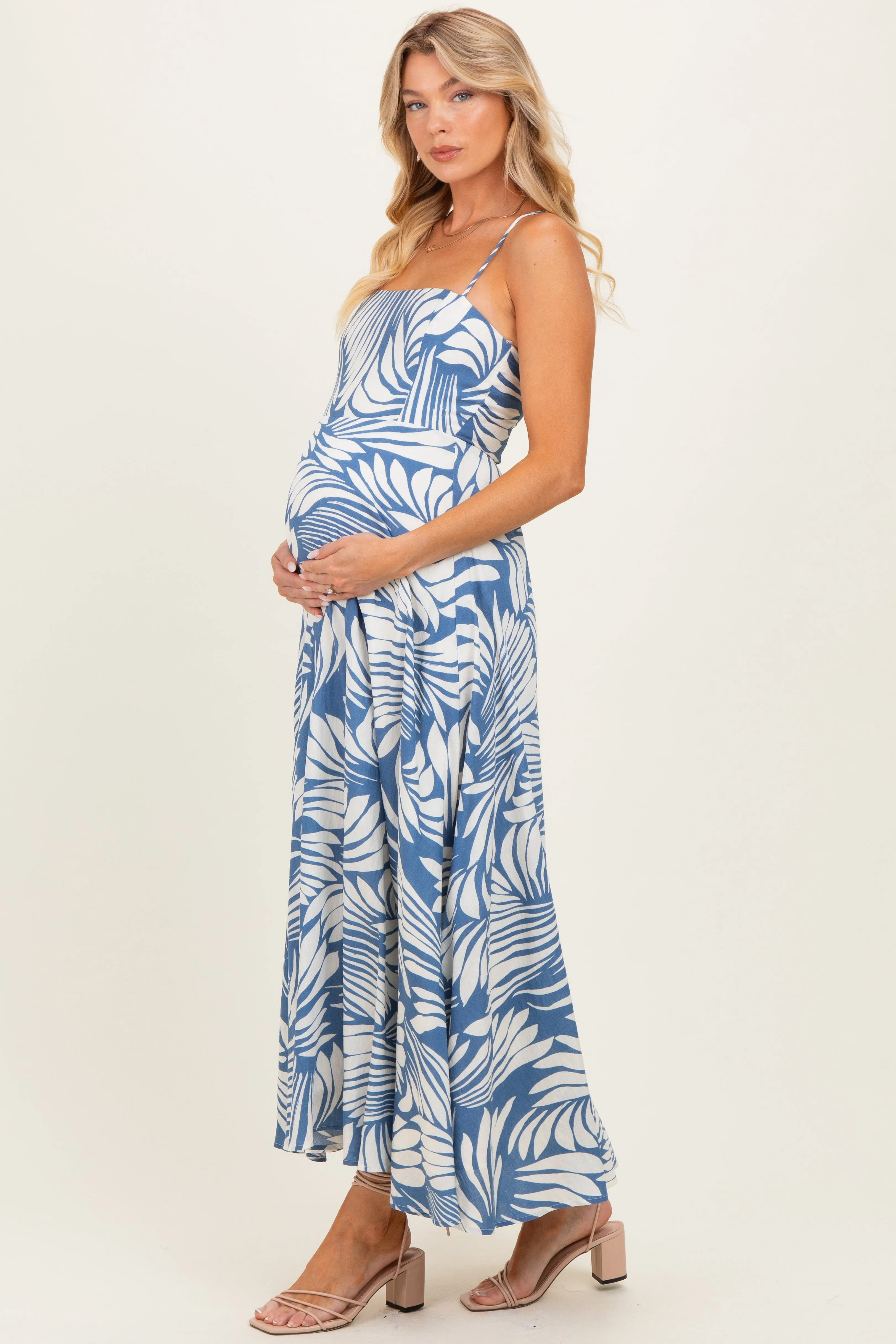 Blue Printed Linen A-Line Maternity Midi Dress sold by Pinkblush product image thumbnail 2