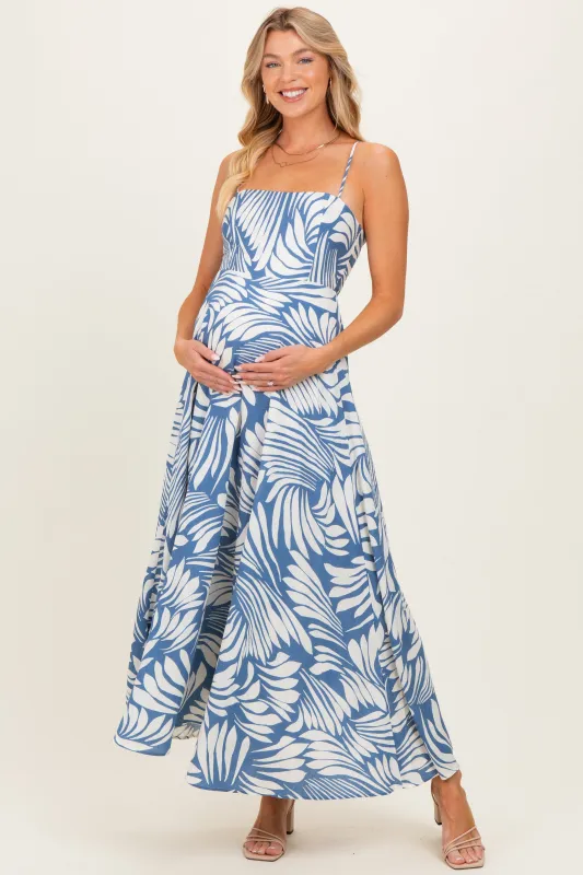 Blue Printed Linen A-Line Maternity Midi Dress made by Pinkblush