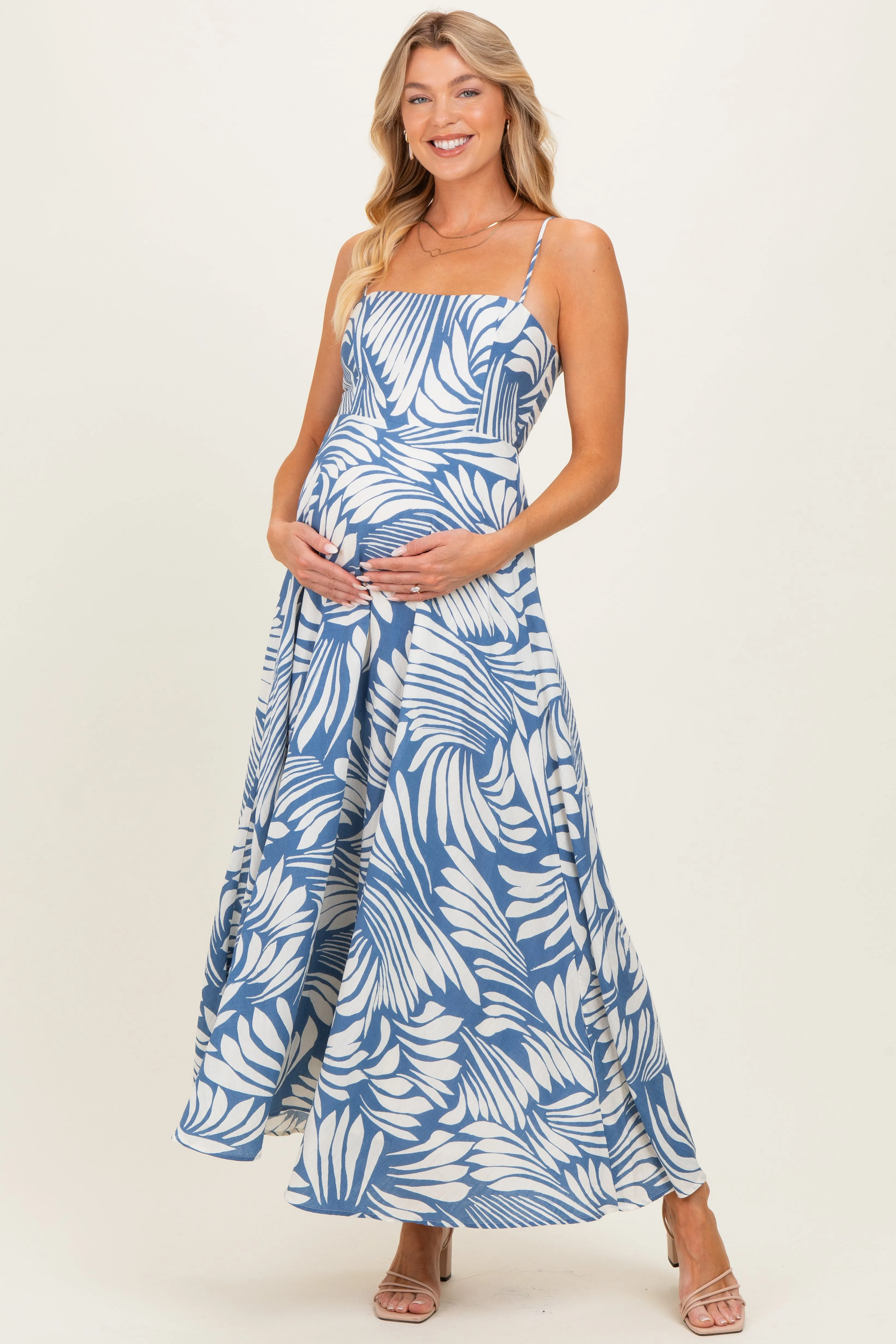 Blue Printed Linen A-Line Maternity Midi Dress sold by Pinkblush