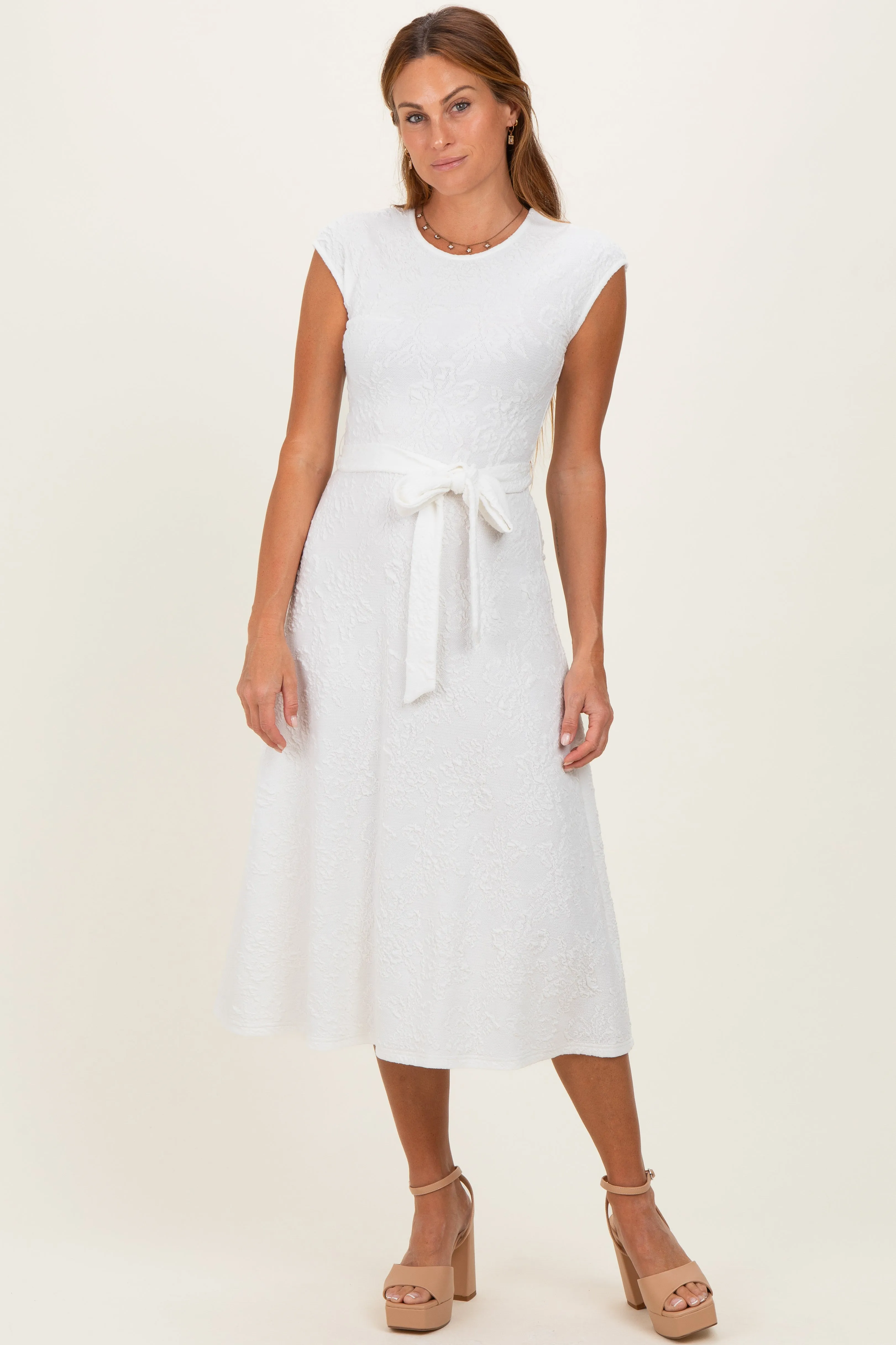 White Jacquard Waist Tie Midi Dress sold by Pinkblush