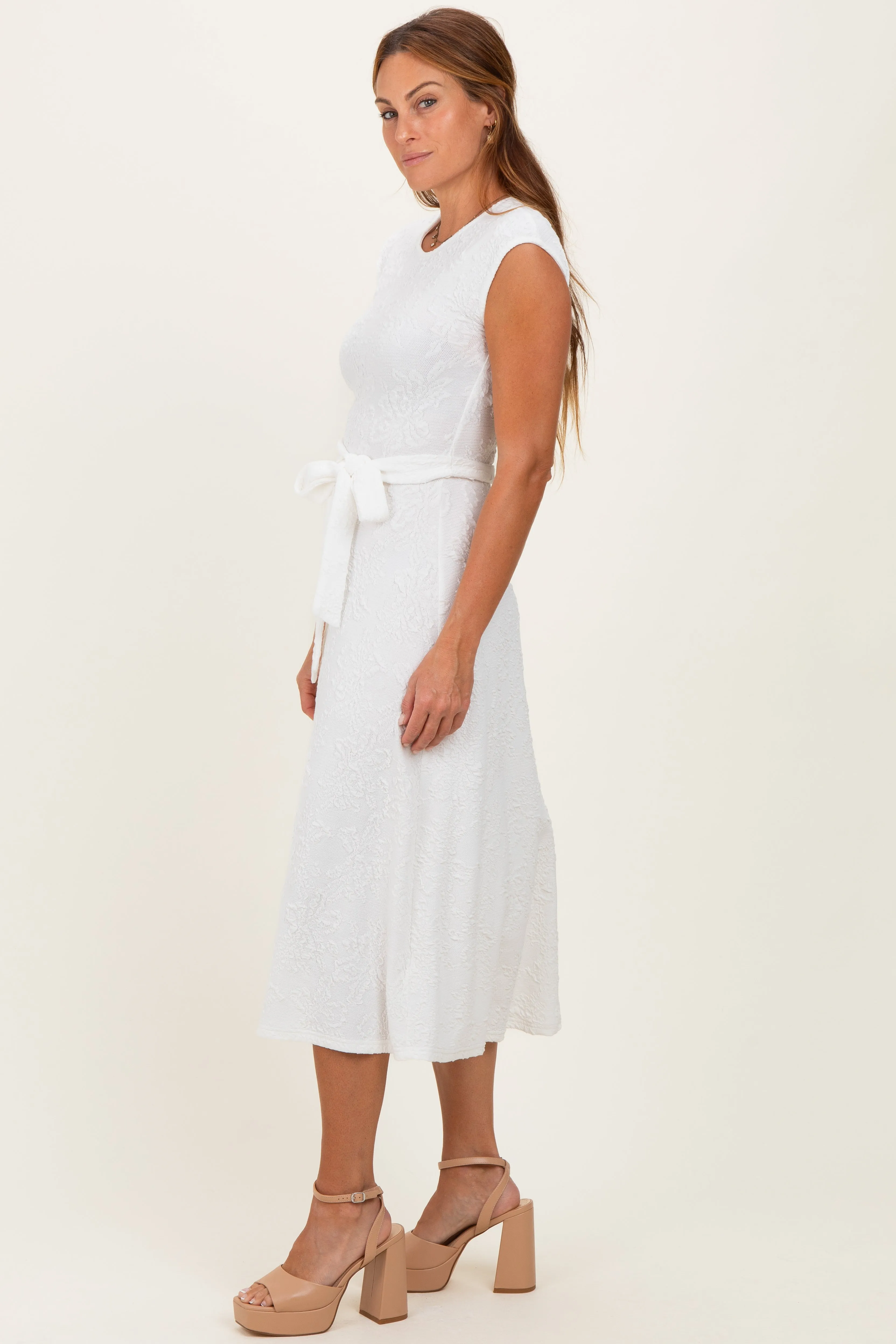 White Jacquard Waist Tie Midi Dress sold by Pinkblush product image thumbnail 2