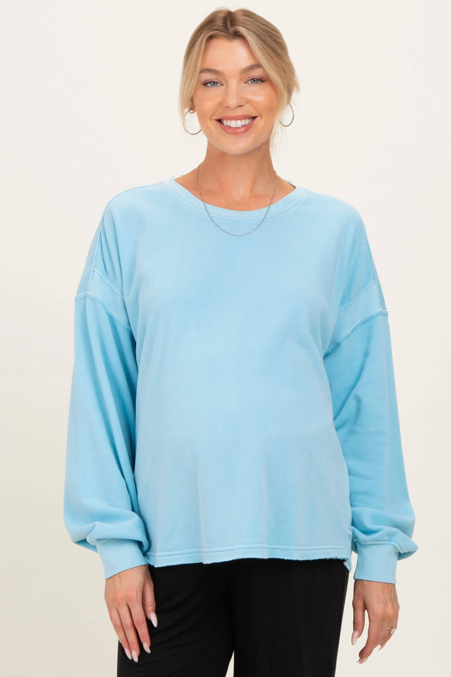 Light Blue Oversized Cutout Back Maternity Sweatshirt sold by Pinkblush