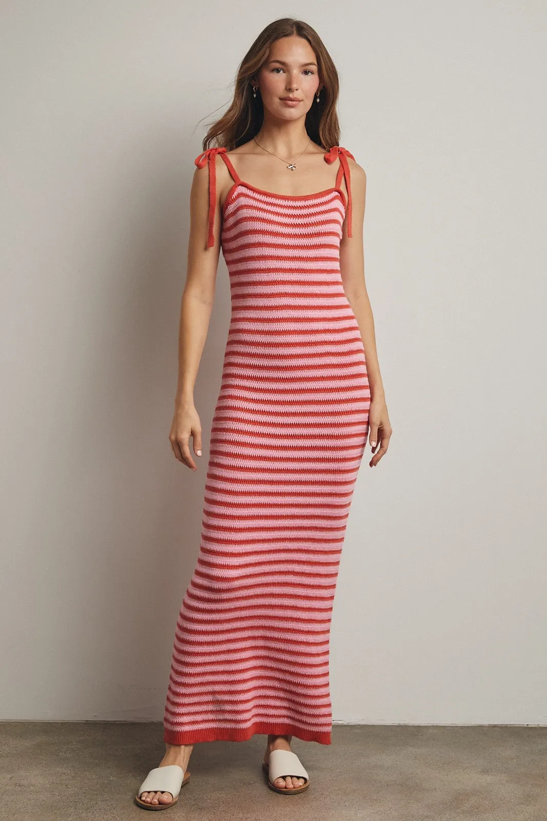Pink Striped Knit Shoulder Tie Maternity Maxi Dress sold by Pinkblush product image thumbnail 4