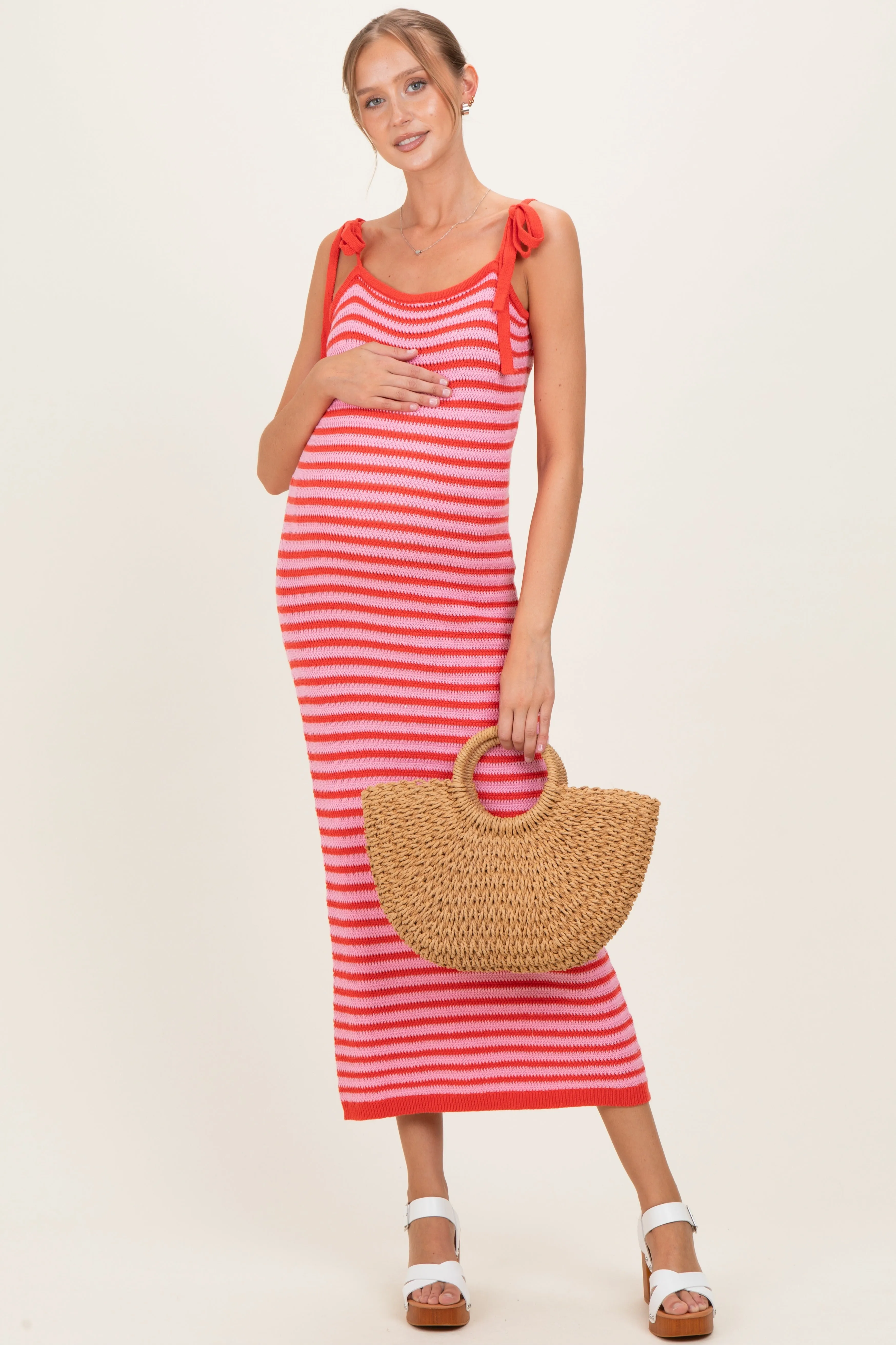 Pink Striped Knit Shoulder Tie Maternity Maxi Dress sold by Pinkblush