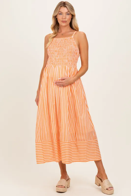 Orange Striped Smocked Maternity Midi Dress made by entro