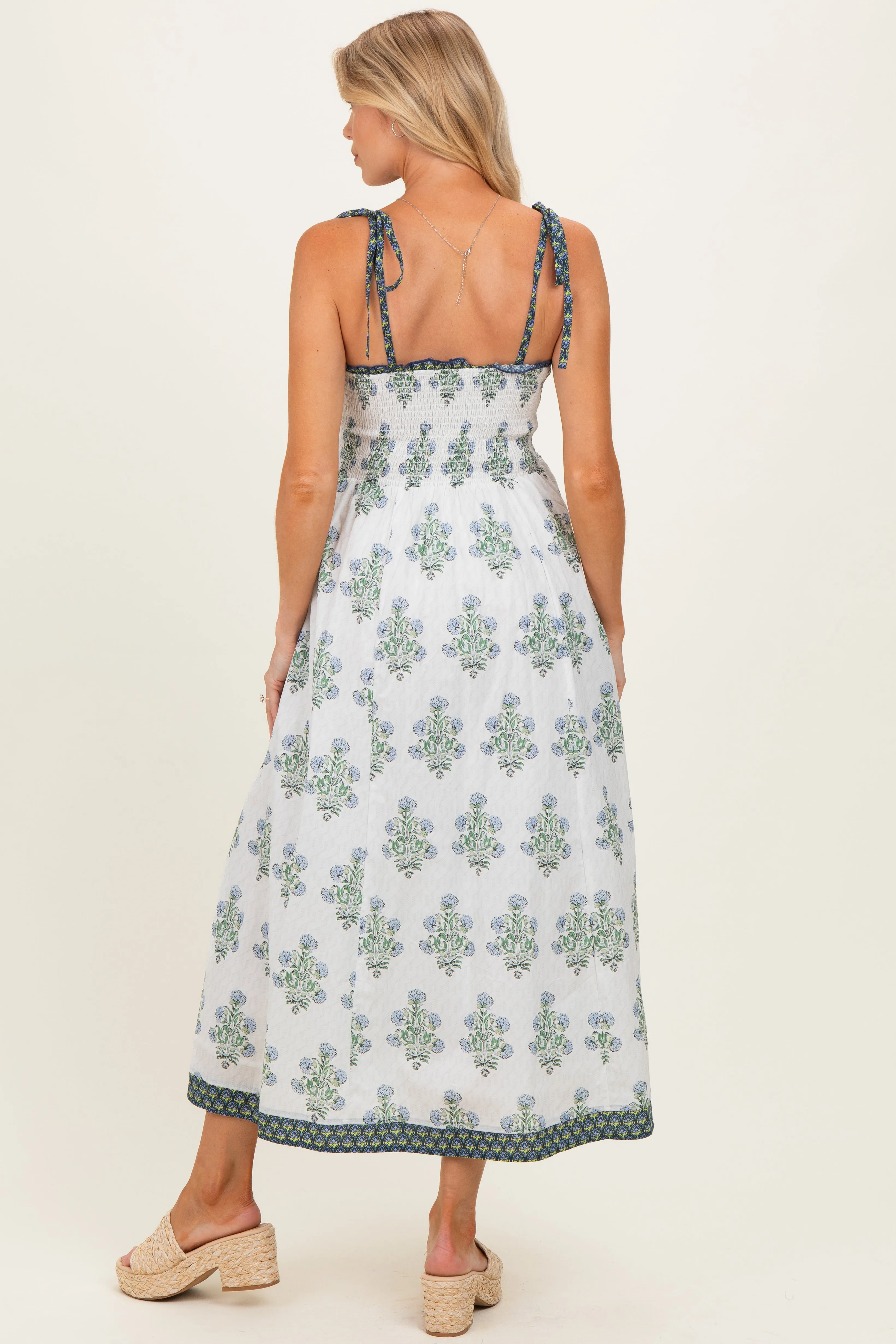 Off White Floral Smocked Shoulder Tie Maternity Maxi Dress sold by Pinkblush product image thumbnail 3