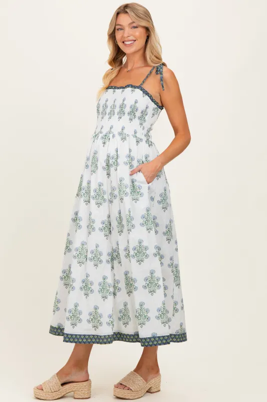 Off White Floral Smocked Shoulder Tie Maternity Maxi Dress made by Inloom