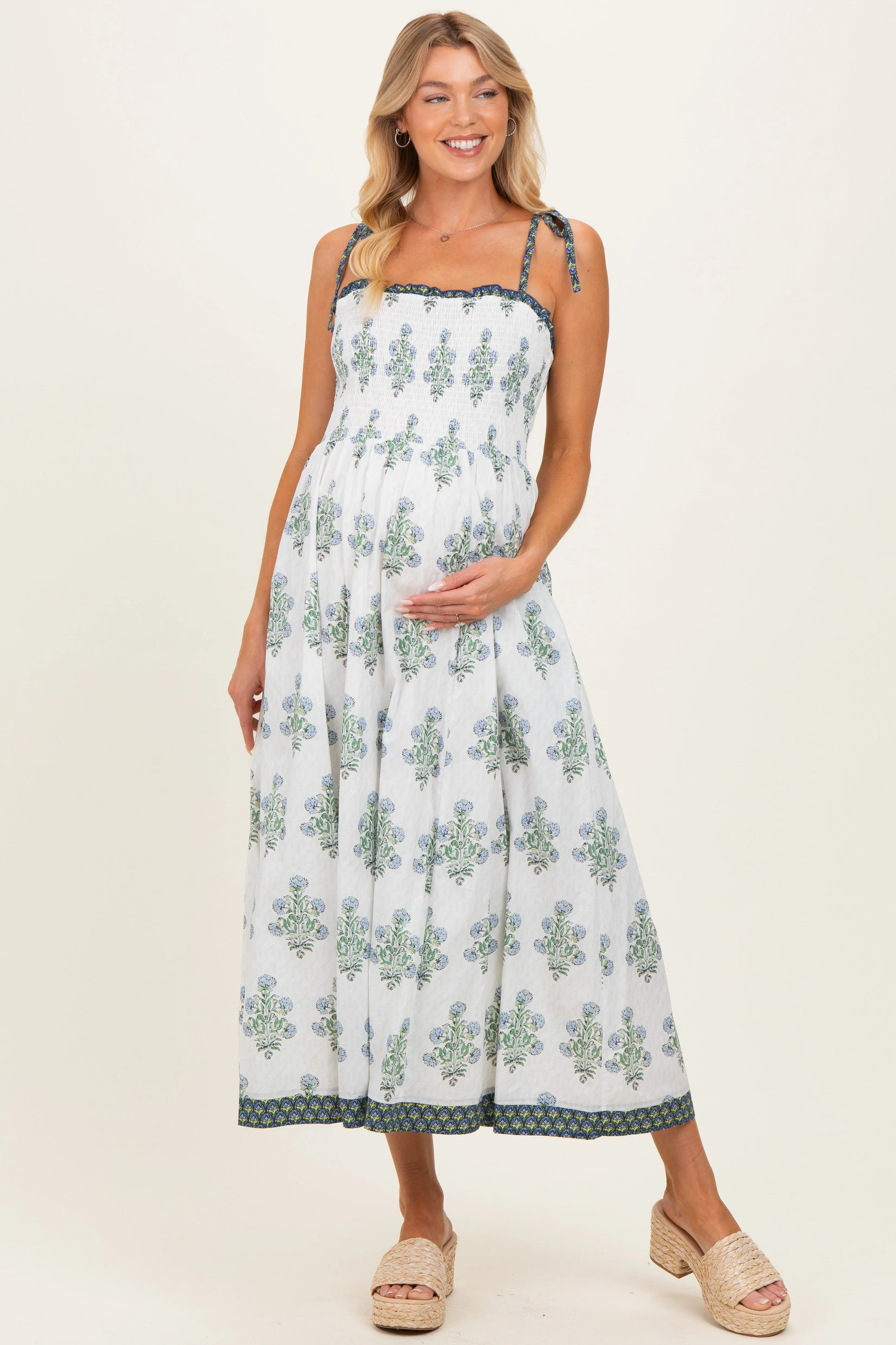 Off White Floral Smocked Shoulder Tie Maternity Maxi Dress sold by Pinkblush product image thumbnail 2