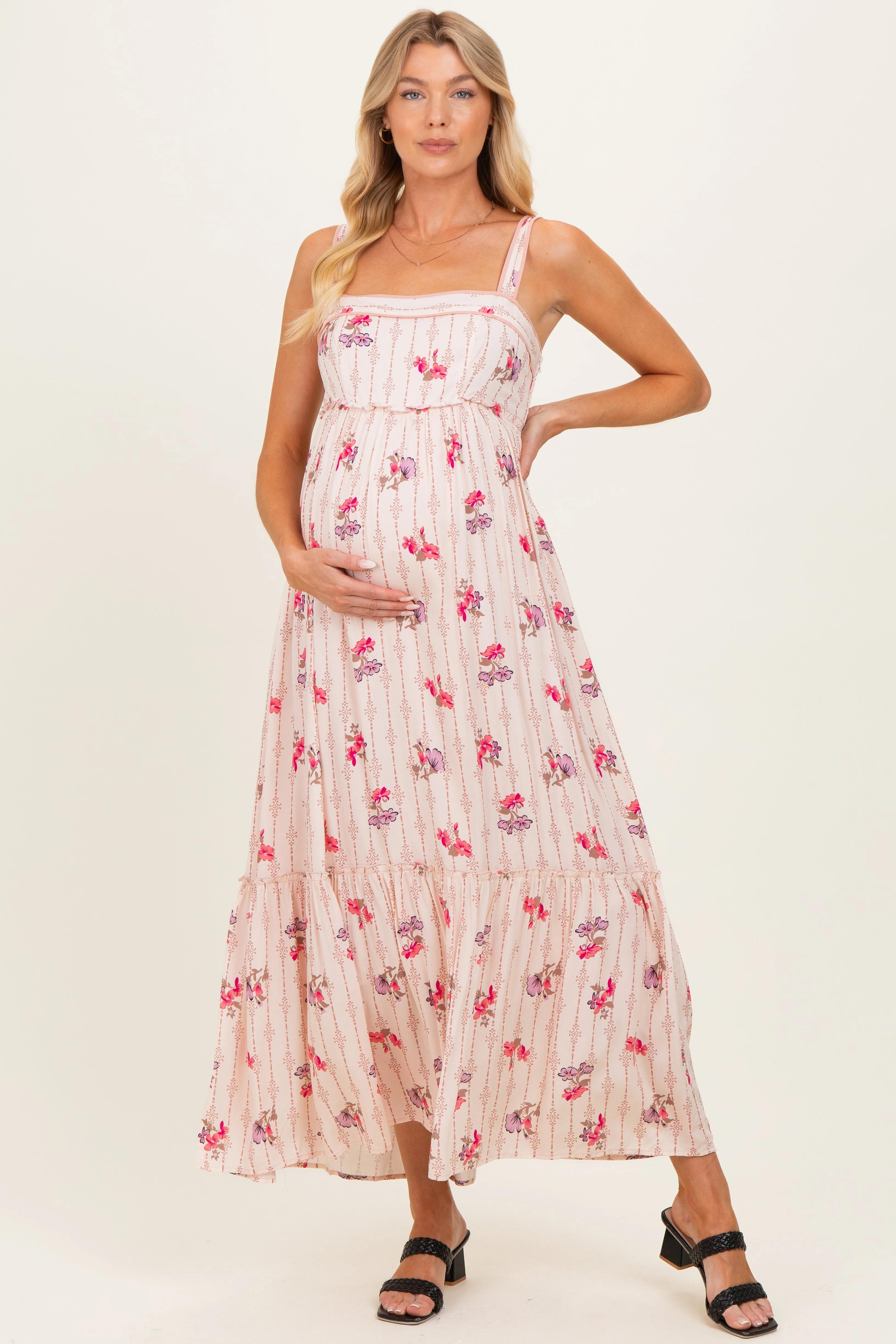 Peach Multi Floral Sleeveless Maternity Maxi Dress sold by Pinkblush