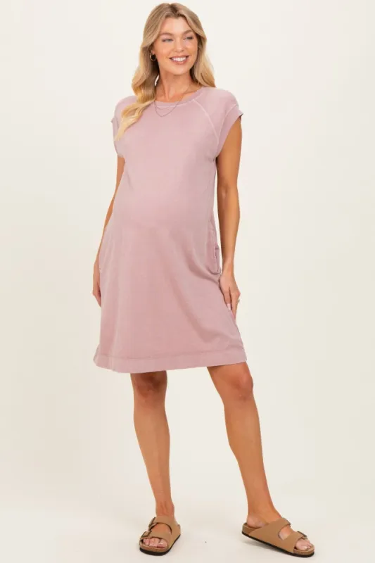 Pink Garment Washed Casual Capped Sleeve Maternity Dress made by BE COOL