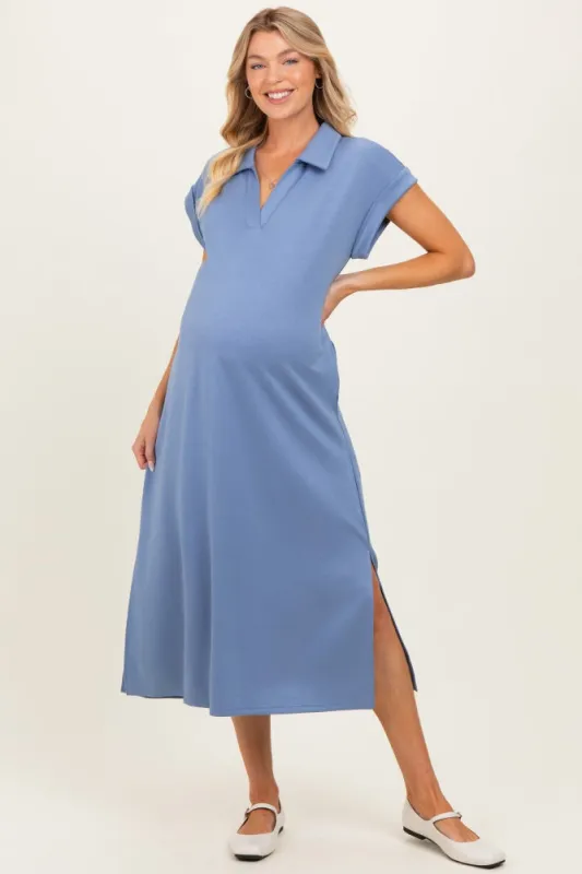 Denim Blue Collared Oversized Maternity Midi Dress made by JODIFL