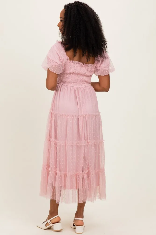 Light Pink Tulle Tulle Puff Sleeve Smocked Midi Dress sold by Pinkblush product image thumbnail 4