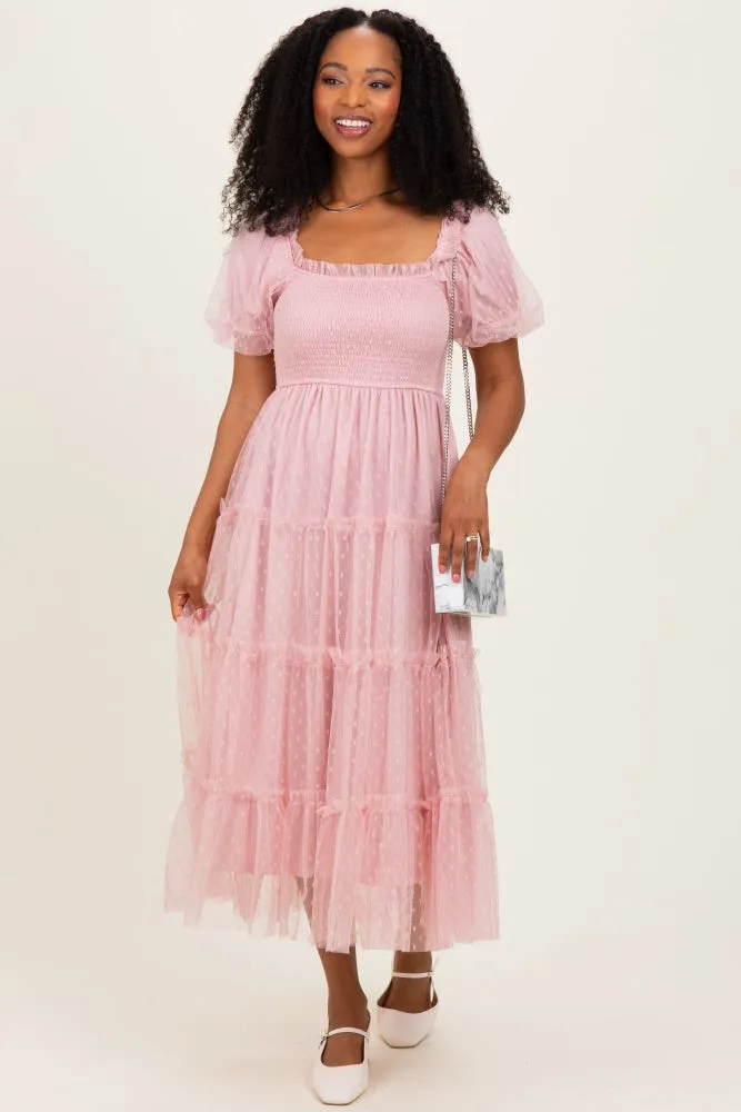 Light Pink Tulle Tulle Puff Sleeve Smocked Midi Dress sold by Pinkblush