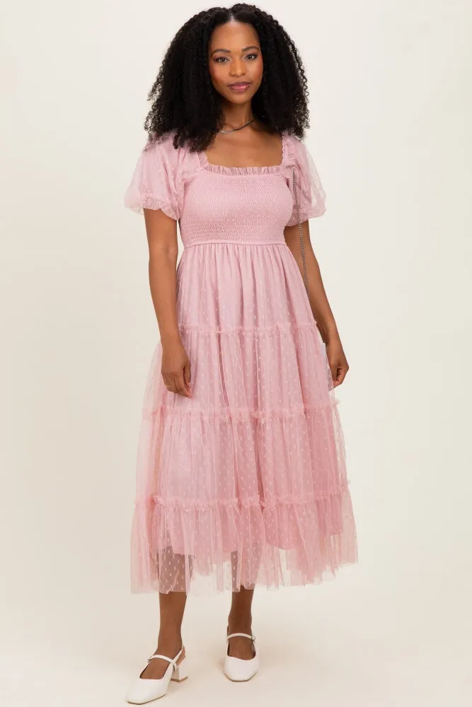 Light Pink Tulle Tulle Puff Sleeve Smocked Midi Dress sold by Pinkblush product image thumbnail 2
