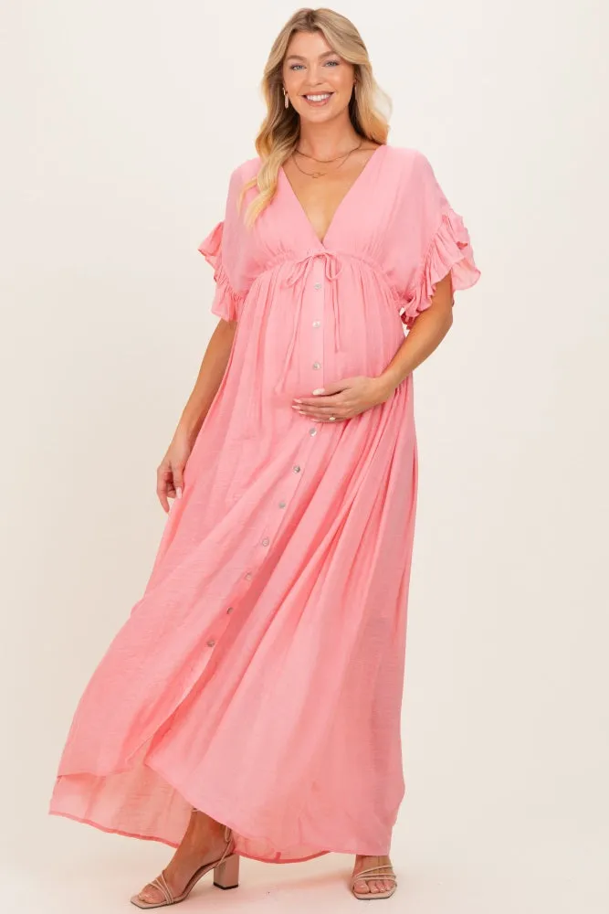 Pink Button Down Deep V-Neck Maternity Maxi Dress sold by Pinkblush product image thumbnail 2