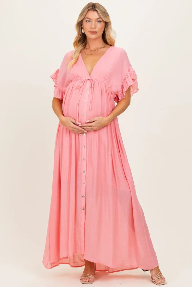 Pink Button Down Deep V-Neck Maternity Maxi Dress sold by Pinkblush product image thumbnail 3
