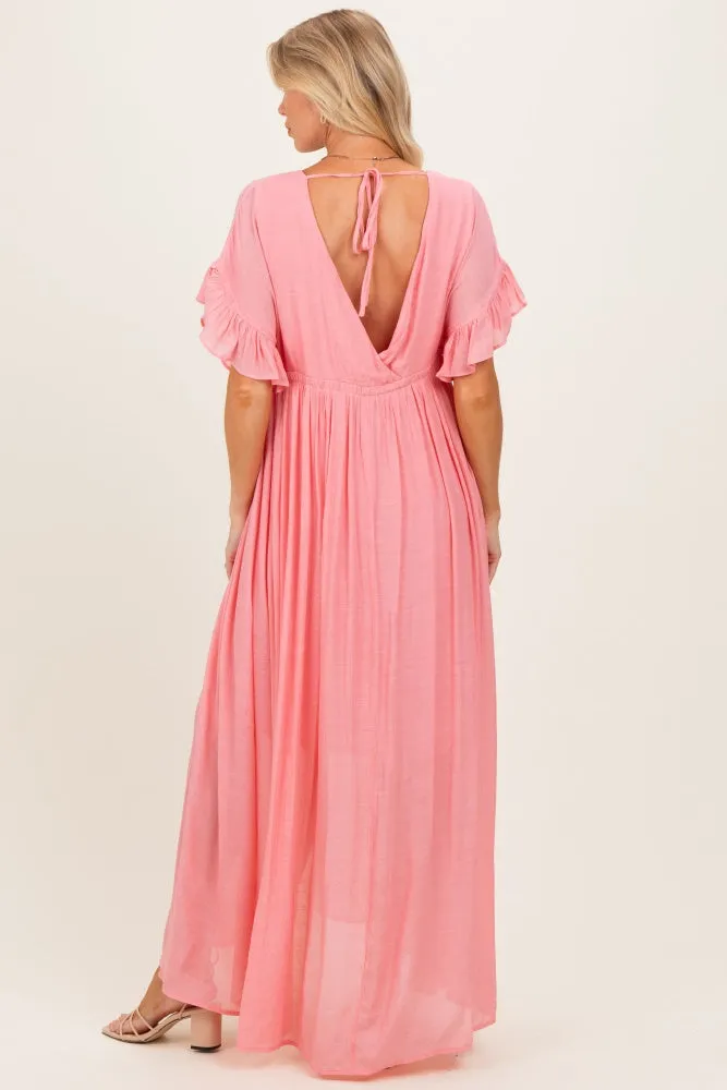 Pink Button Down Deep V-Neck Maternity Maxi Dress sold by Pinkblush product image thumbnail 4