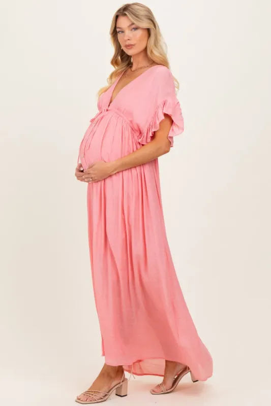 Pink Button Down Deep V-Neck Maternity Maxi Dress made by Pinkblush