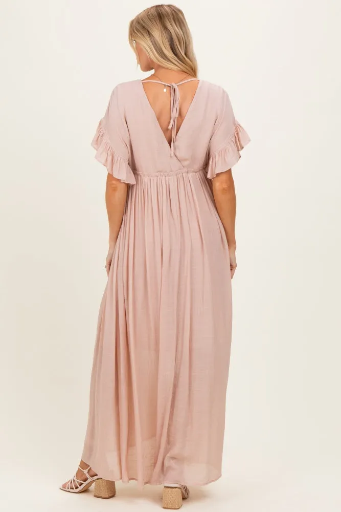 Light Pink Button Down Deep V-Neck Maternity Maxi Dress sold by Pinkblush product image thumbnail 3