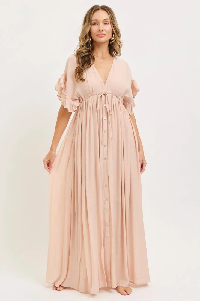 Light Pink Button Down Deep V-Neck Maternity Maxi Dress sold by Pinkblush product image thumbnail 4