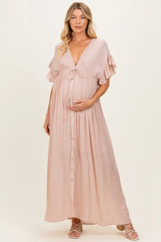 Light Pink Button Down Deep V-Neck Maternity Maxi Dress made by Pinkblush