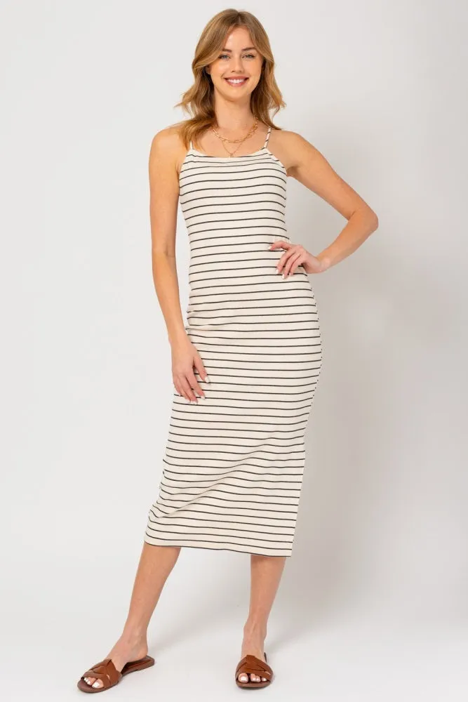Cream Striped Sleeveless Side Slit Midi Dress sold by Pinkblush