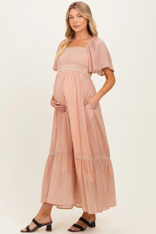 Dusty Pink Lace Accent Flutter Sleeve Maternity Maxi Dress made by Inloom