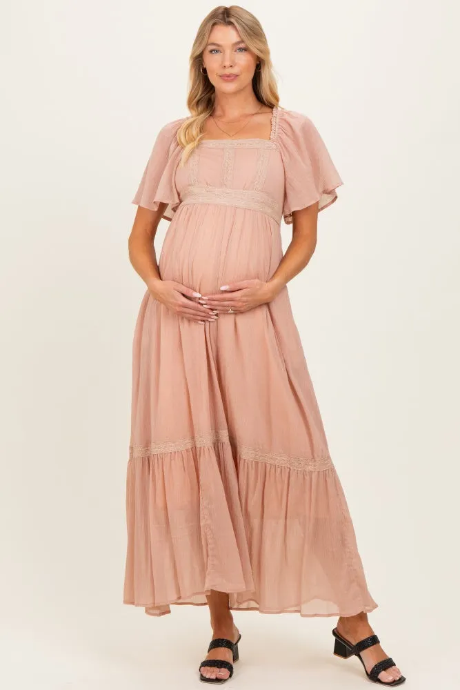Dusty Pink Lace Accent Flutter Sleeve Maternity Maxi Dress sold by Pinkblush product image thumbnail 2